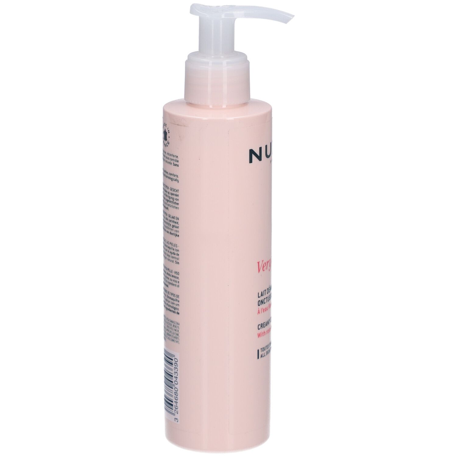 Roze fles met pomp. Opschrift: Nuxe, Very Rose. Achterkant met tekst en logo.