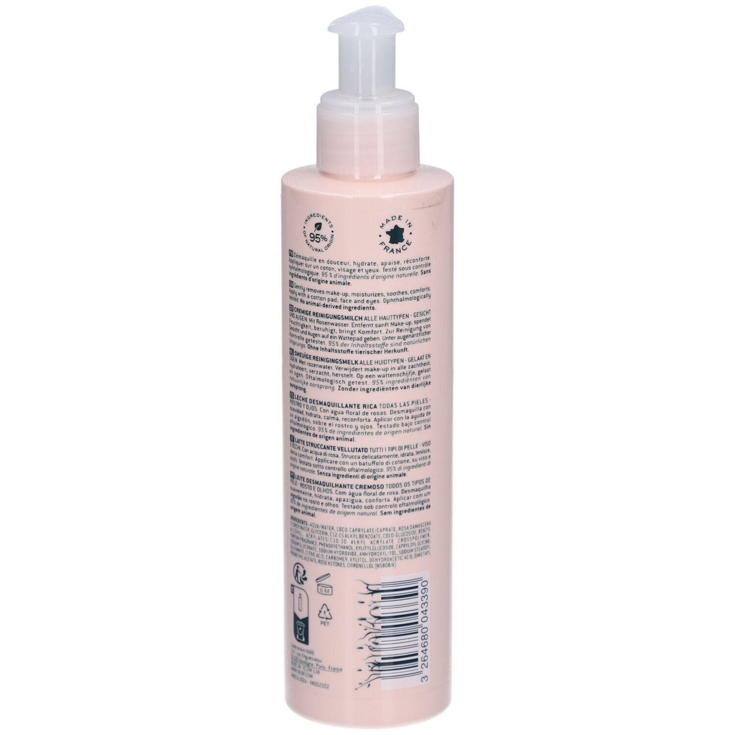 Roze fles met pomp. Opschrift: Nuxe, Very Rose. Achterkant met tekst en logo.