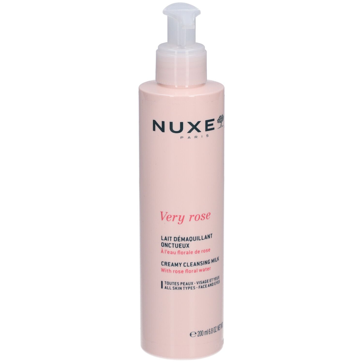 Roze fles met pomp. Opschrift: Nuxe, Very Rose, Reinigingsmelk. Voor alle huidtypes.