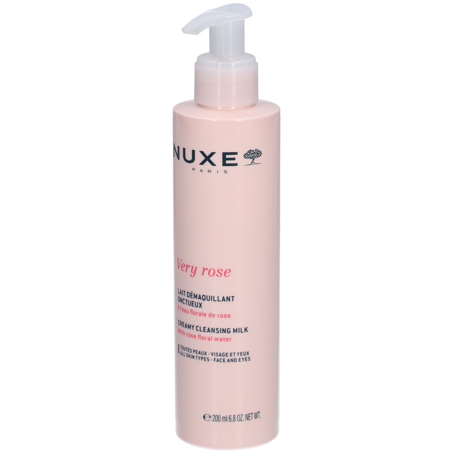 Roze fles met pomp. Opschrift: Nuxe, Very Rose, Reinigingsmelk. Voor alle huidtypes.