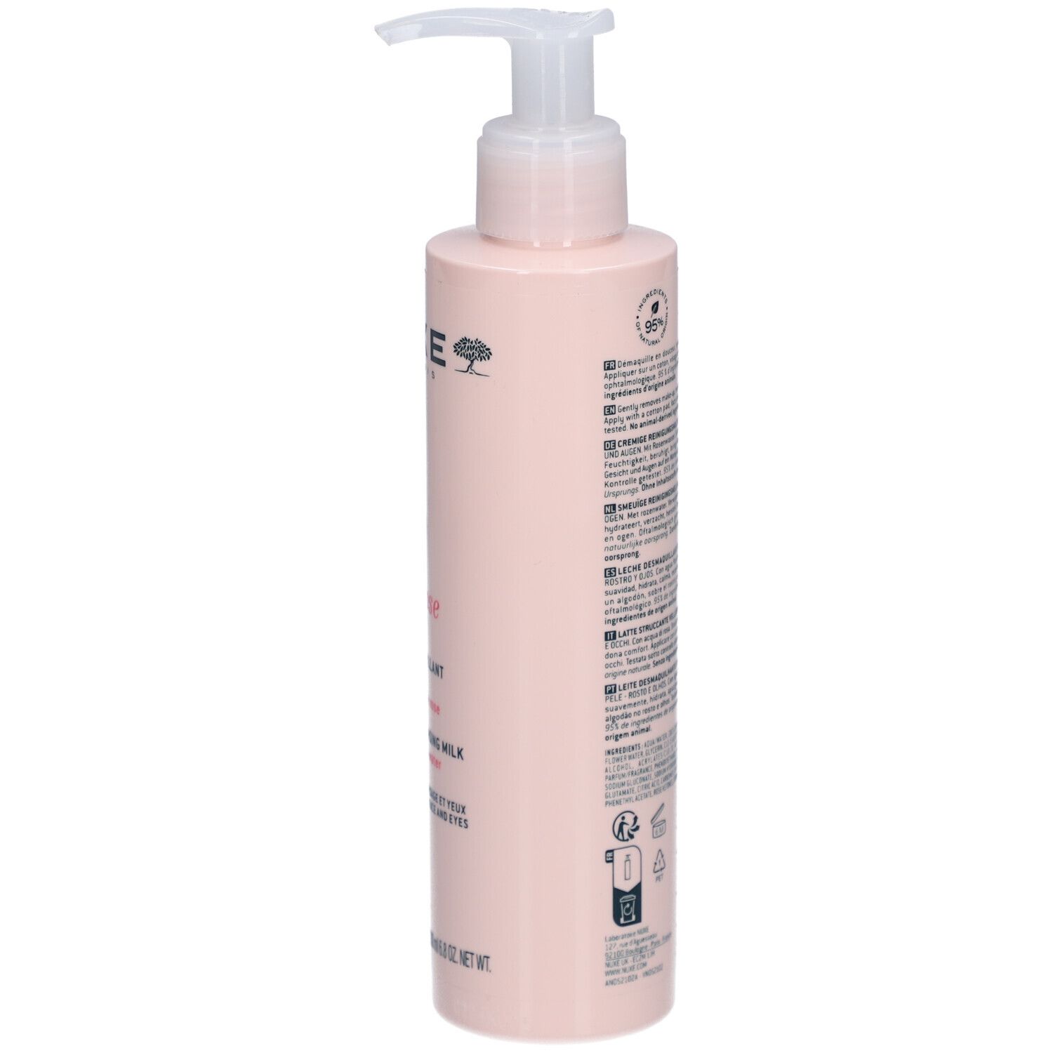 Roze fles met pomp. Opschrift: Nuxe, Very Rose. Achterkant met tekst en logo.