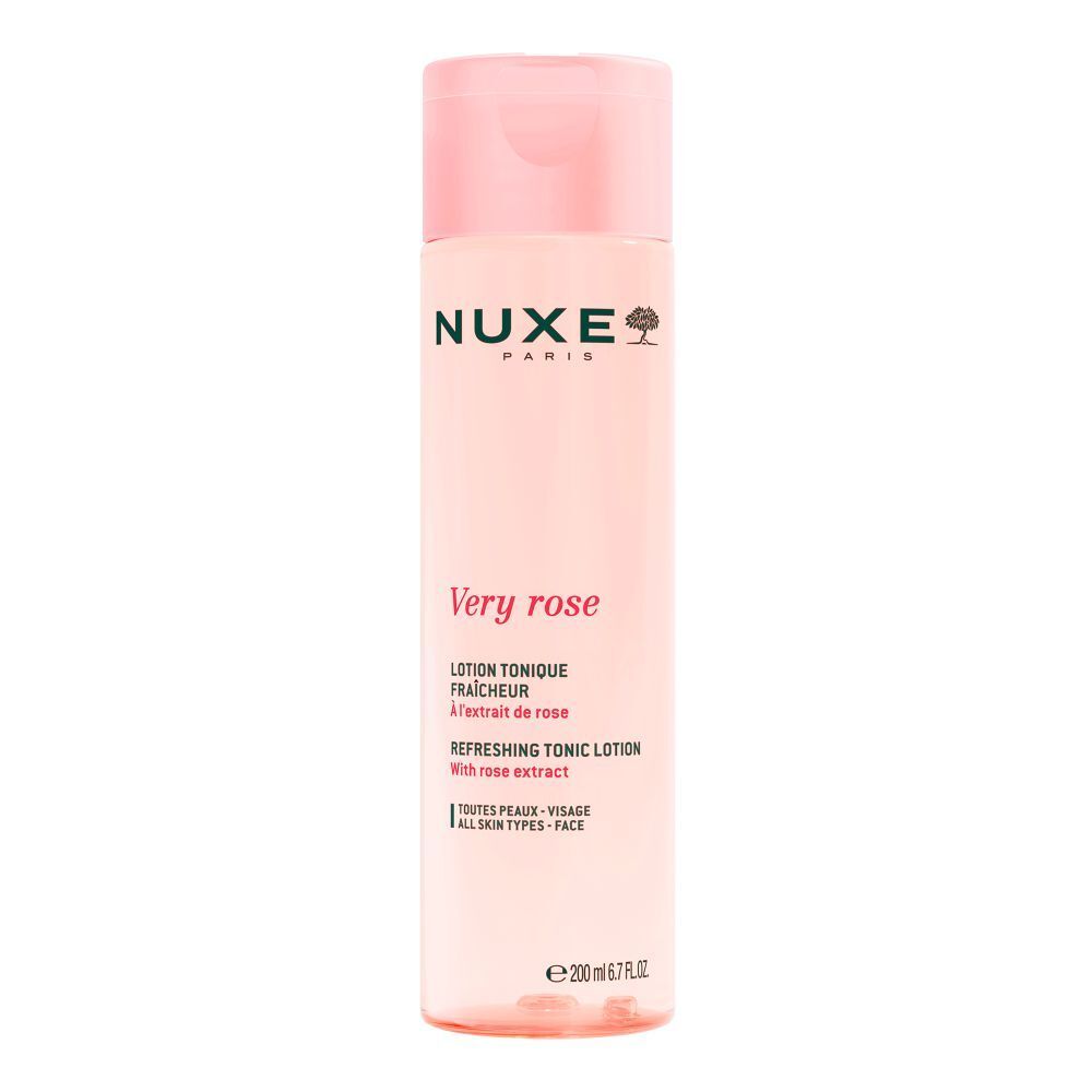 NUXE Very Rose Lotion. Flacon rose avec bouchon rose. Texte: Very rose, Lotion Tonique Fraicheur, Refreshing Tonic Lotion. Tous types de peaux.