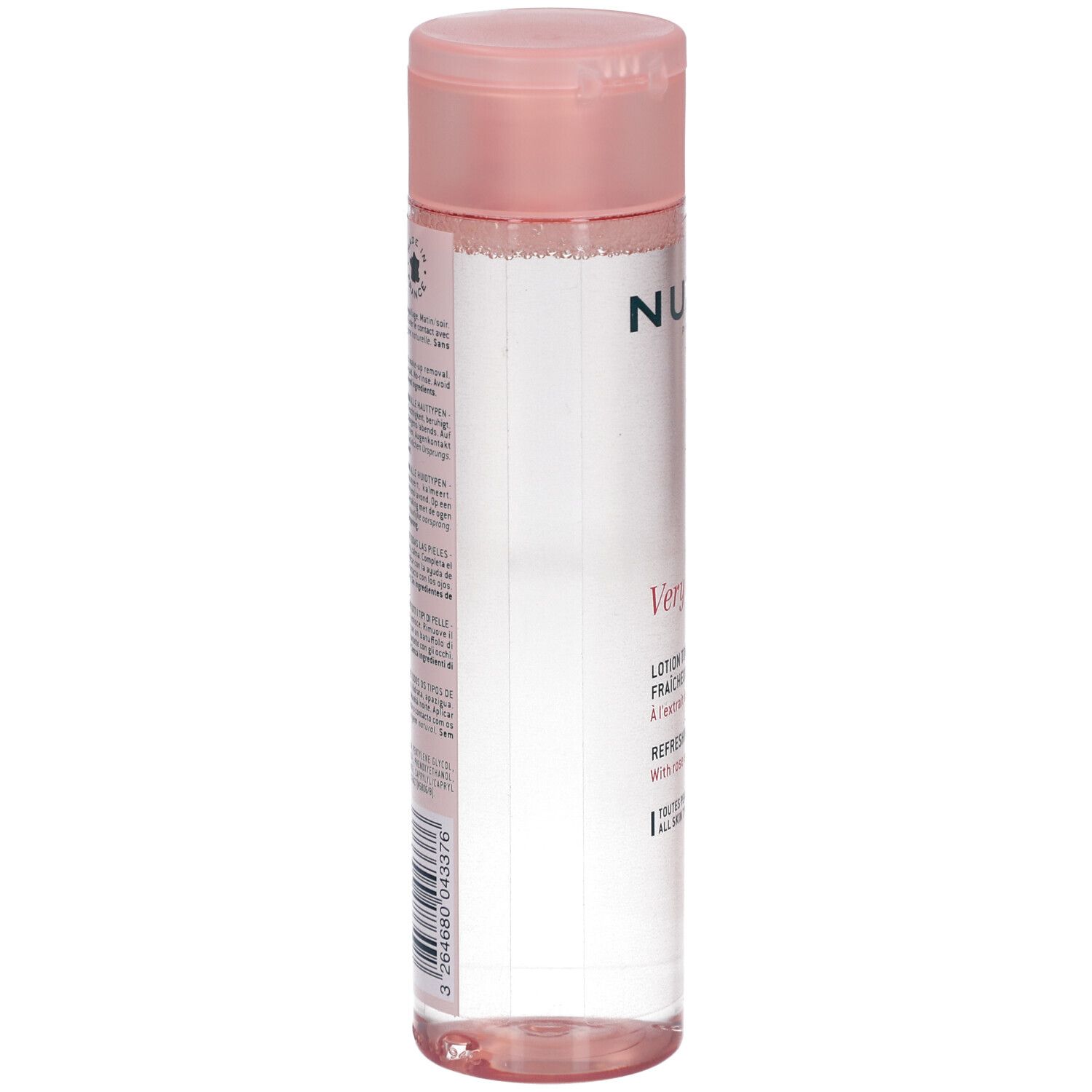 NUXE Very Rose Lotion. Flacon rose avec bouchon rose. Dos avec texte et code-barres. Produit pour tous types de peaux.