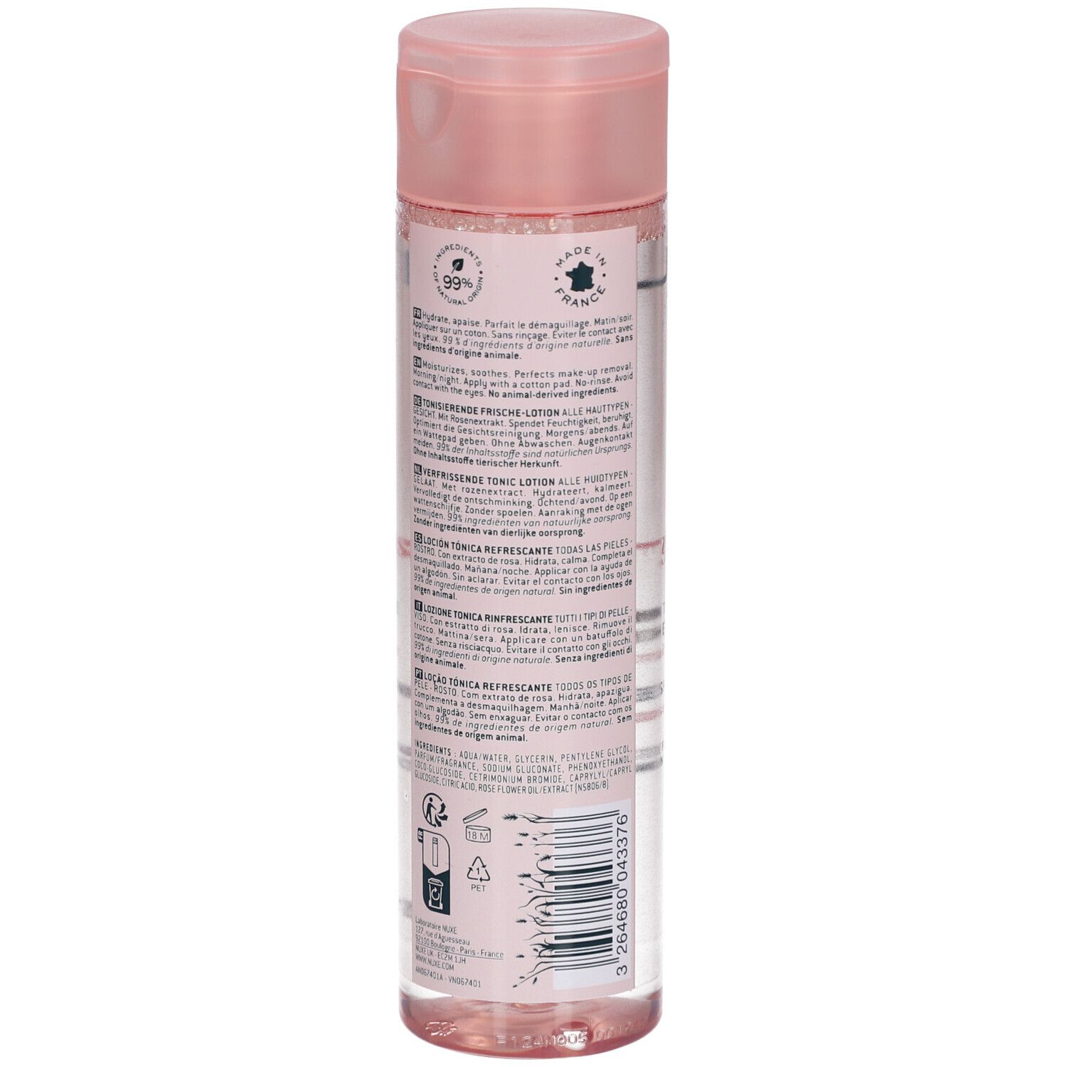 NUXE Very Rose Lotion. Flacon rose avec bouchon rose. Dos avec texte et code-barres. Produit pour tous types de peaux.