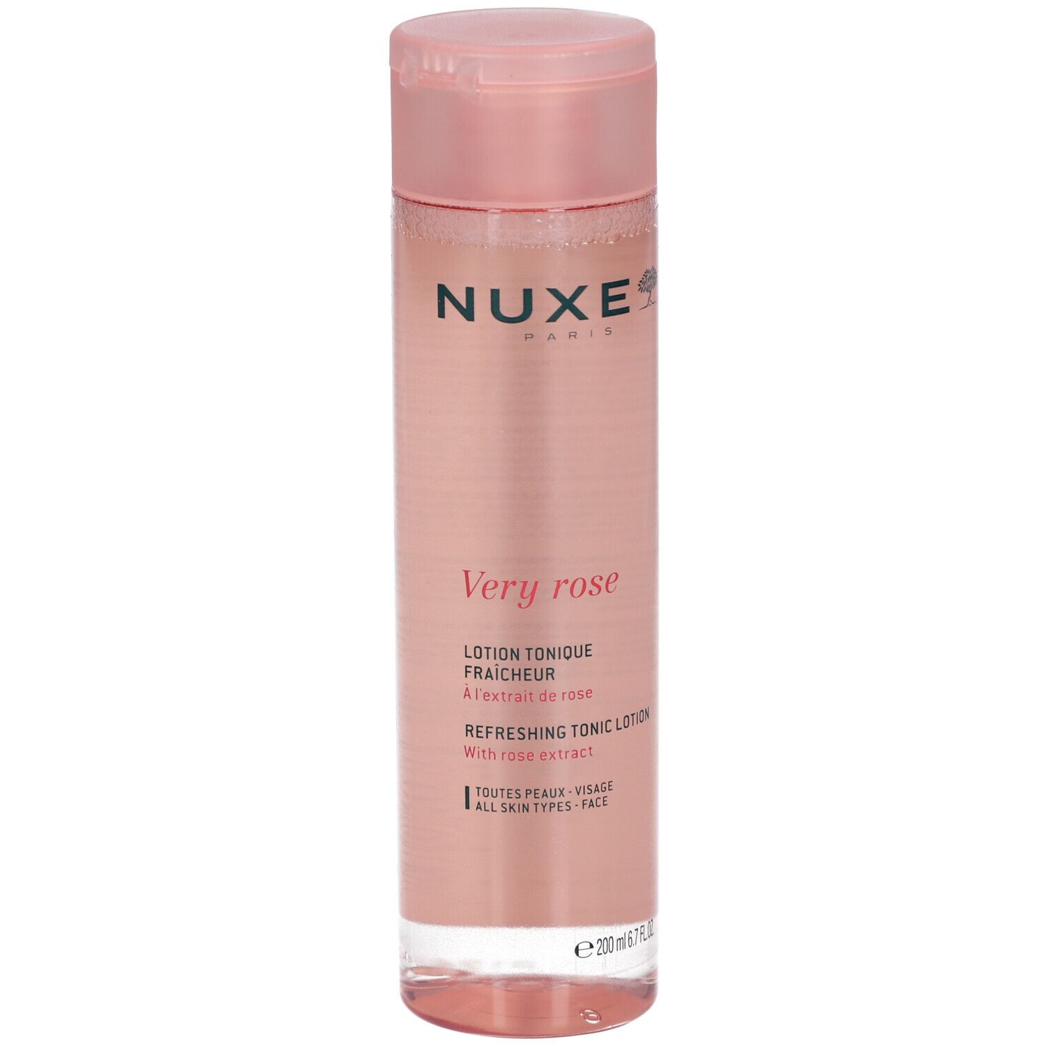 NUXE Very Rose Lotion. Flacon rose avec bouchon rose. Texte: Very rose, Lotion Tonique Fraicheur, Refreshing Tonic Lotion. Tous types de peaux.