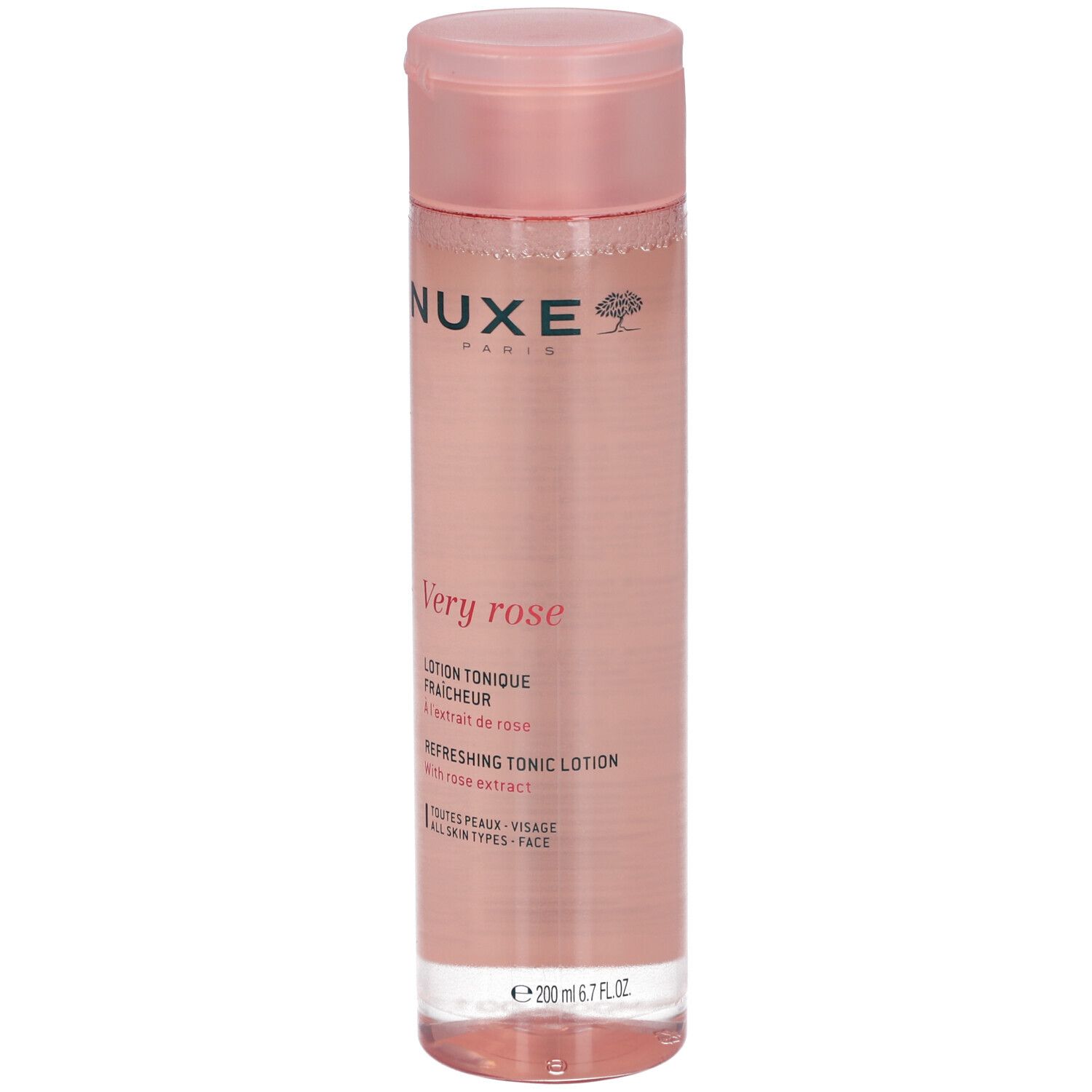 NUXE Very Rose Lotion. Flacon rose avec bouchon rose. Texte: Very rose, Lotion Tonique Fraicheur, Refreshing Tonic Lotion. Tous types de peaux.