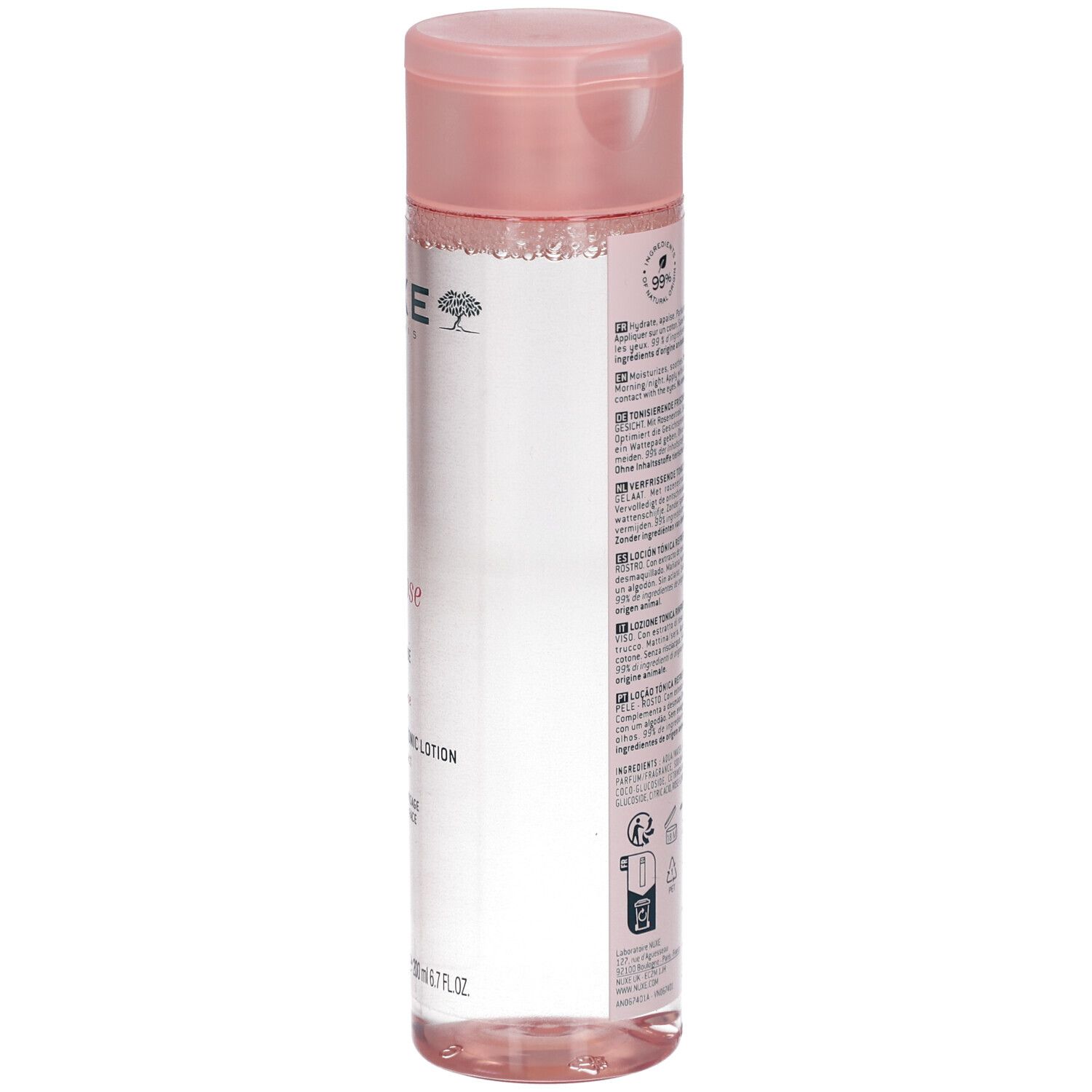 NUXE Very Rose Lotion. Flacon rose avec bouchon rose. Dos avec texte et code-barres. Produit pour tous types de peaux.