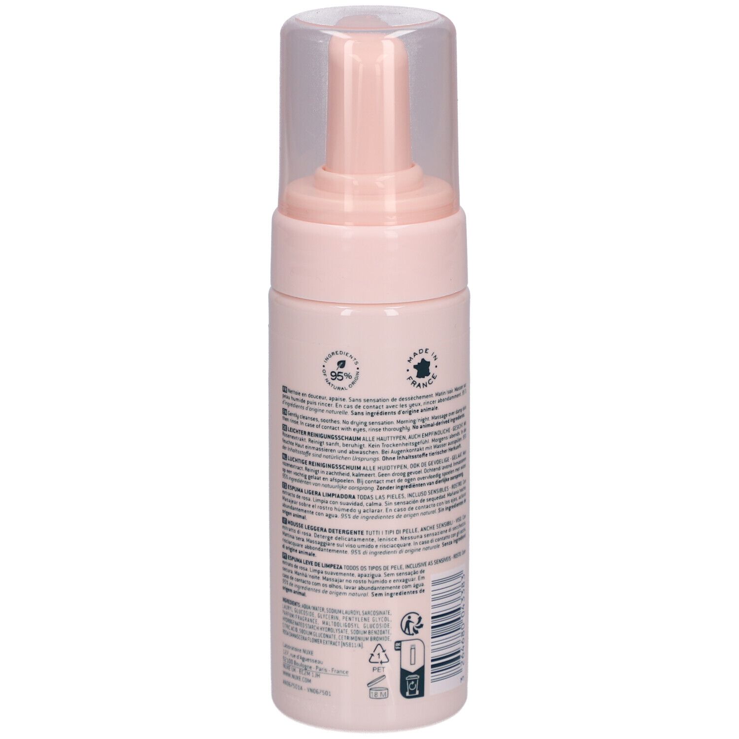 Rückseite der NUXE Very Rose leichten Reinigungsmousse Flasche mit Produktinformationen.
