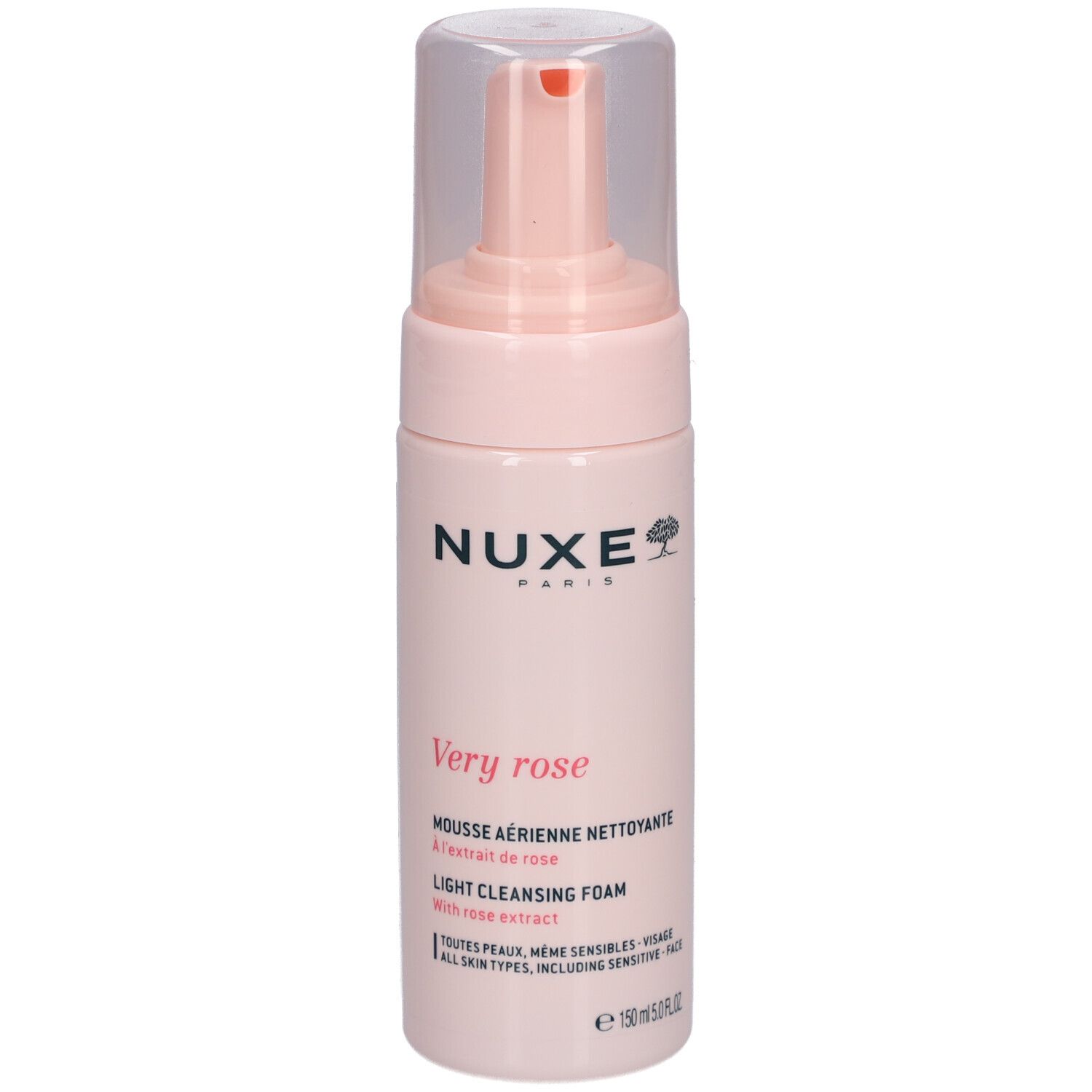 NUXE Very Rose leichte Reinigungsmousse in einer rosa Flasche mit Pumpspender.