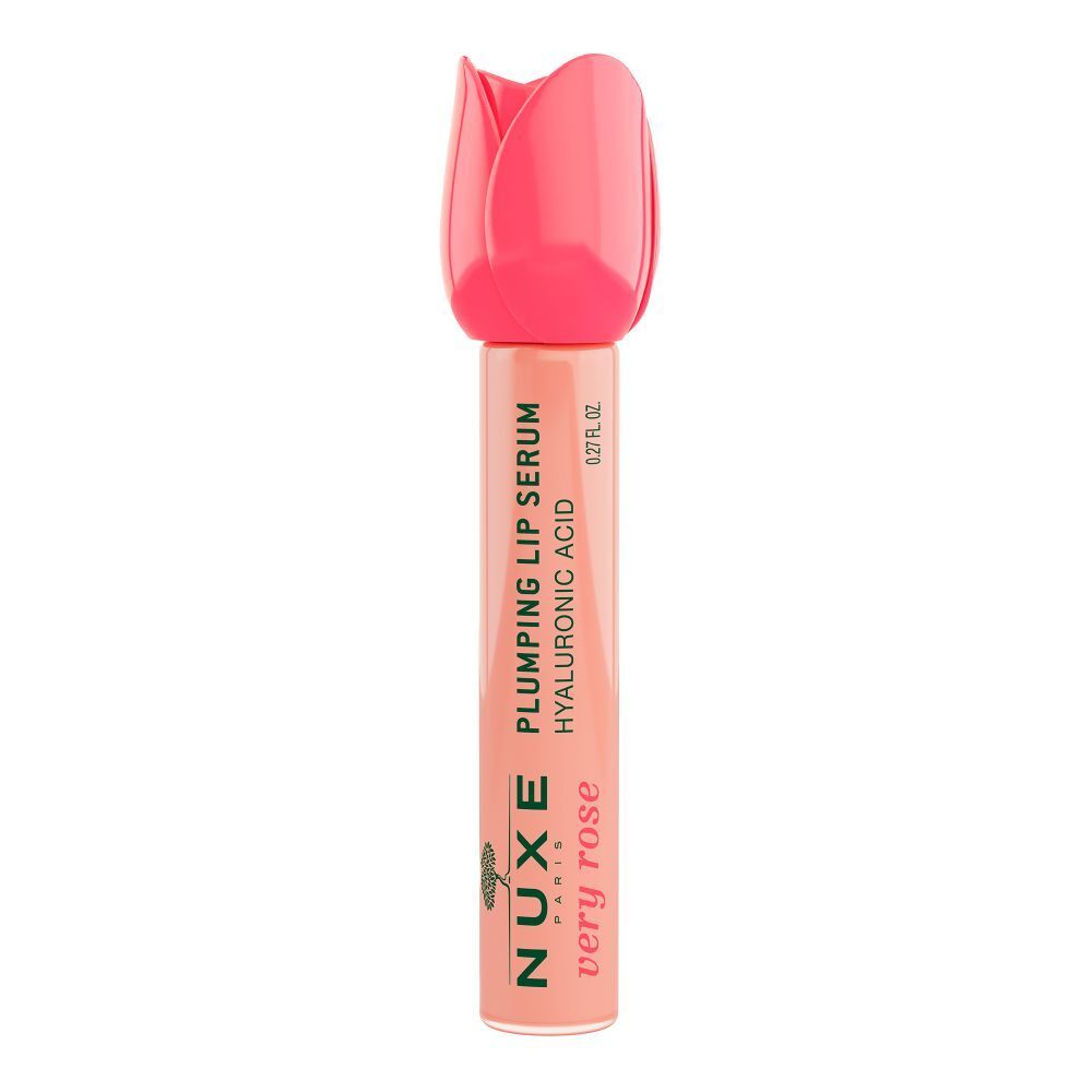 Sérum lèvres avec bouchon rose en forme de rose. Inscription: Nuxe Paris, Very Rose, Plumping Lip Serum, Hyaluronic Acid.