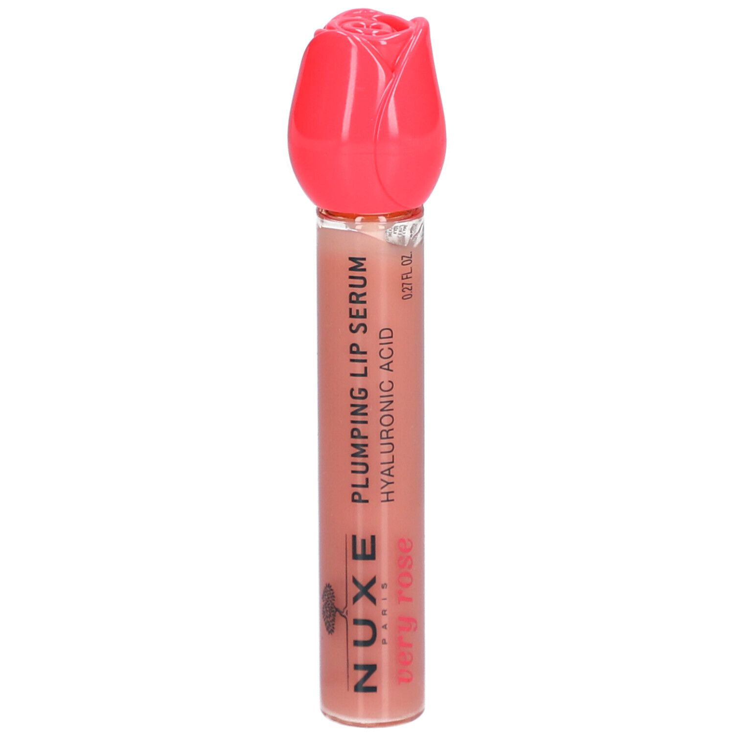 Sérum lèvres avec bouchon rose en forme de rose. Inscription: Nuxe Paris, Very Rose, Plumping Lip Serum, Hyaluronic Acid.