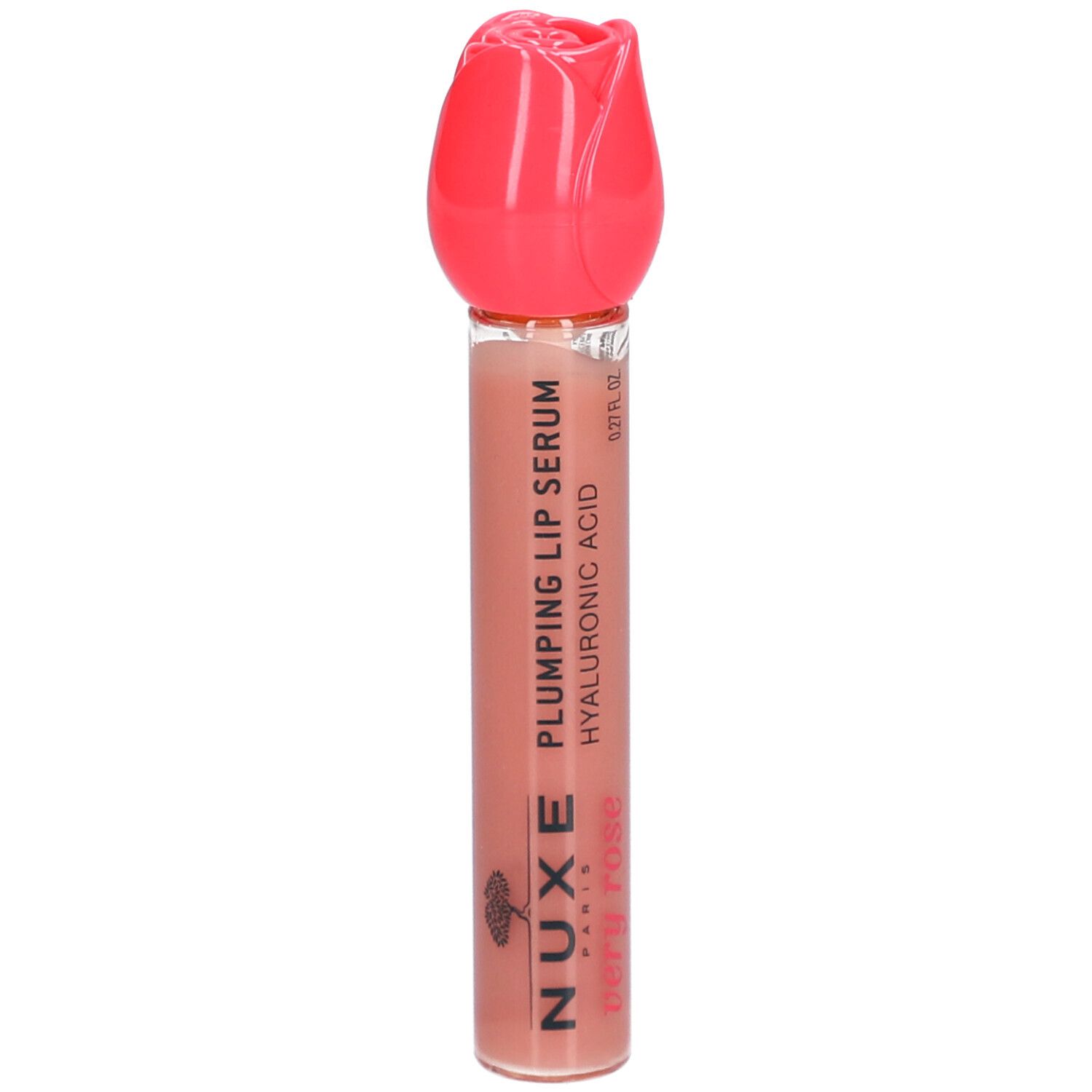 Sérum lèvres avec bouchon rose en forme de rose. Inscription: Nuxe Paris, Very Rose, Plumping Lip Serum, Hyaluronic Acid.
