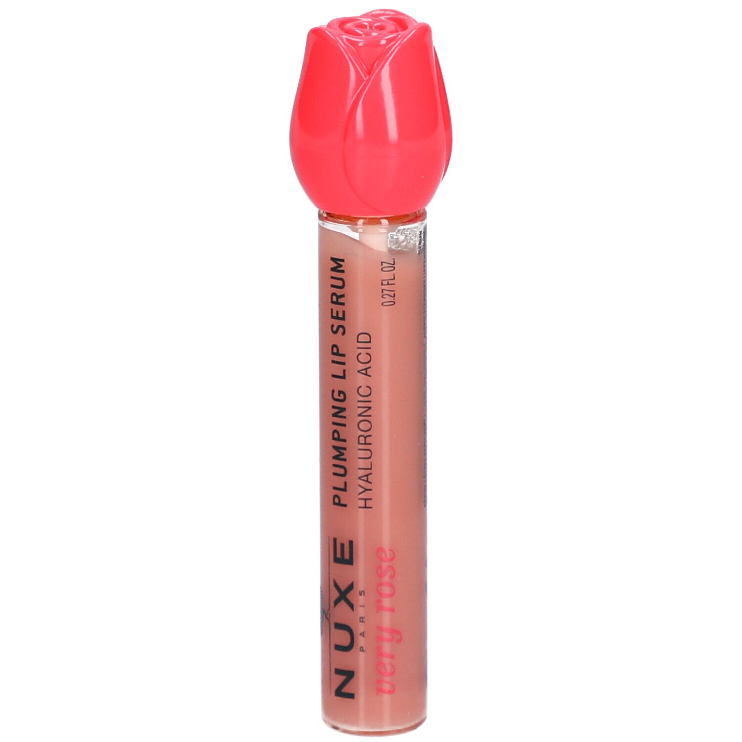Sérum lèvres avec bouchon rose en forme de rose. Inscription: Nuxe Paris, Very Rose, Plumping Lip Serum, Hyaluronic Acid.