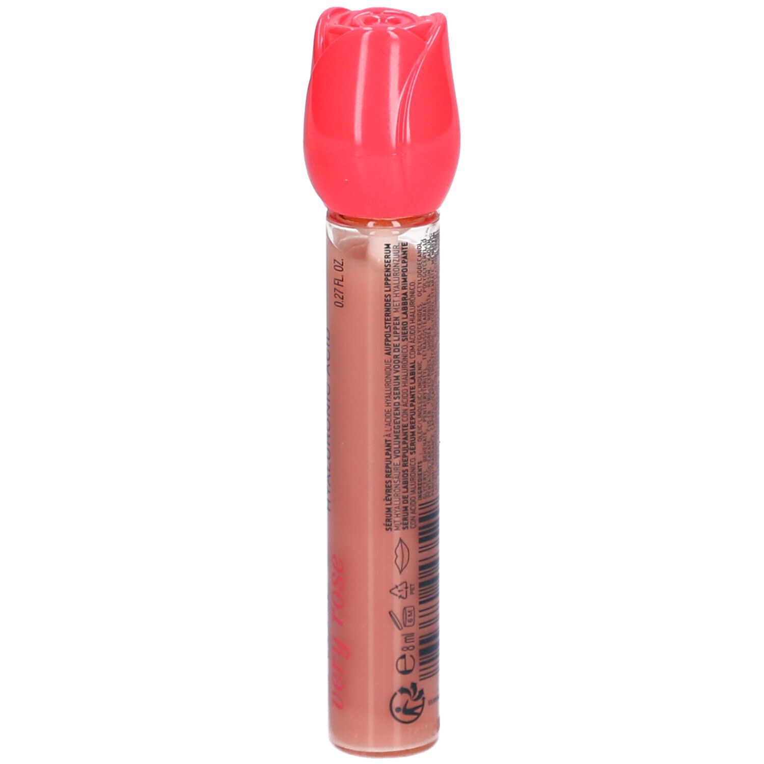 Sérum lèvres avec bouchon rose en forme de rose. Dos avec texte. Inscription non visible.