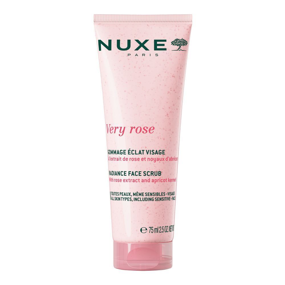 Tube rose avec texte produit. Logo "Nuxe". Inscription "Very rose" et "Gommage éclat visage". "Radiance face scrub".