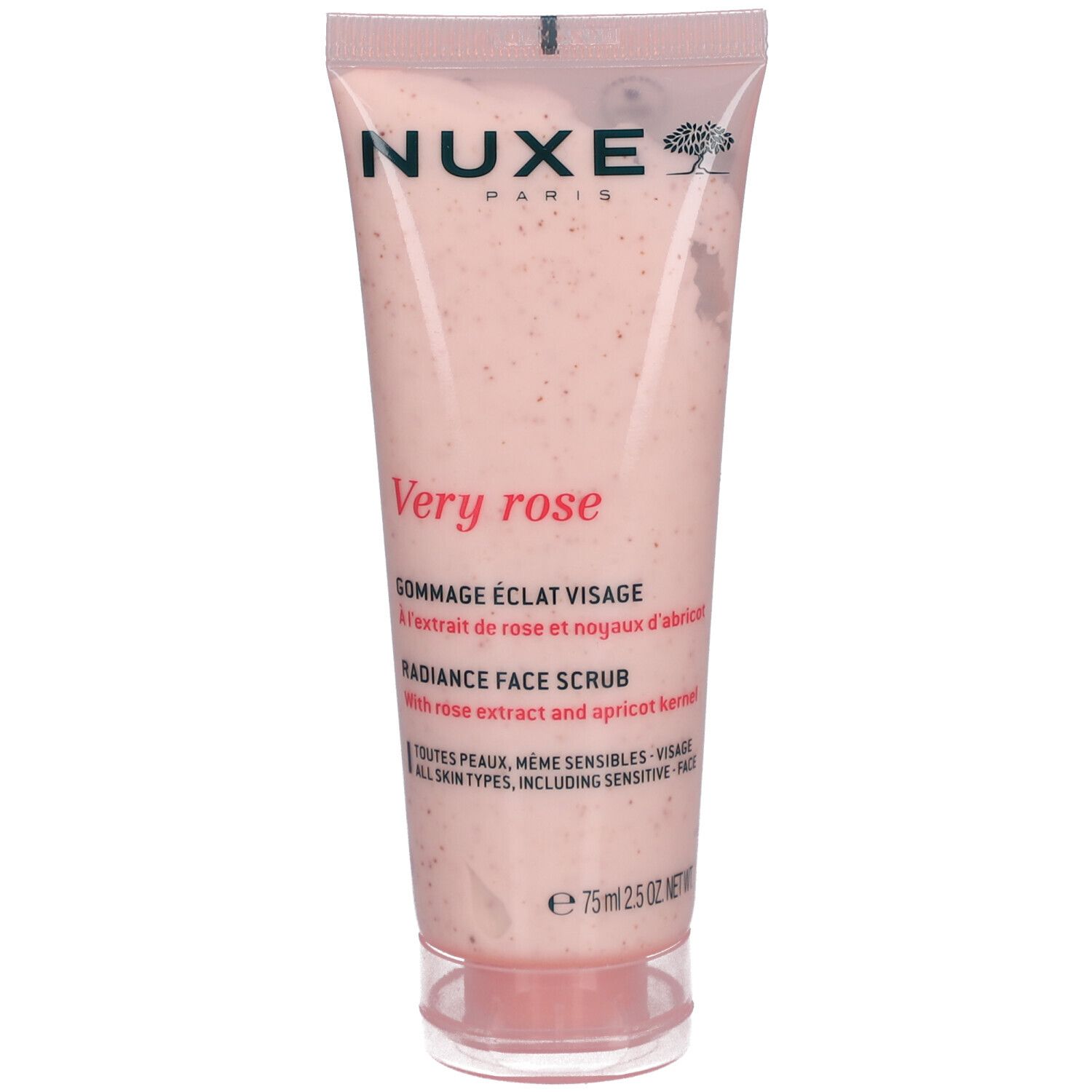Tube rose avec texte produit. Logo "Nuxe". Inscription "Very rose" et "Gommage éclat visage". "Radiance face scrub".