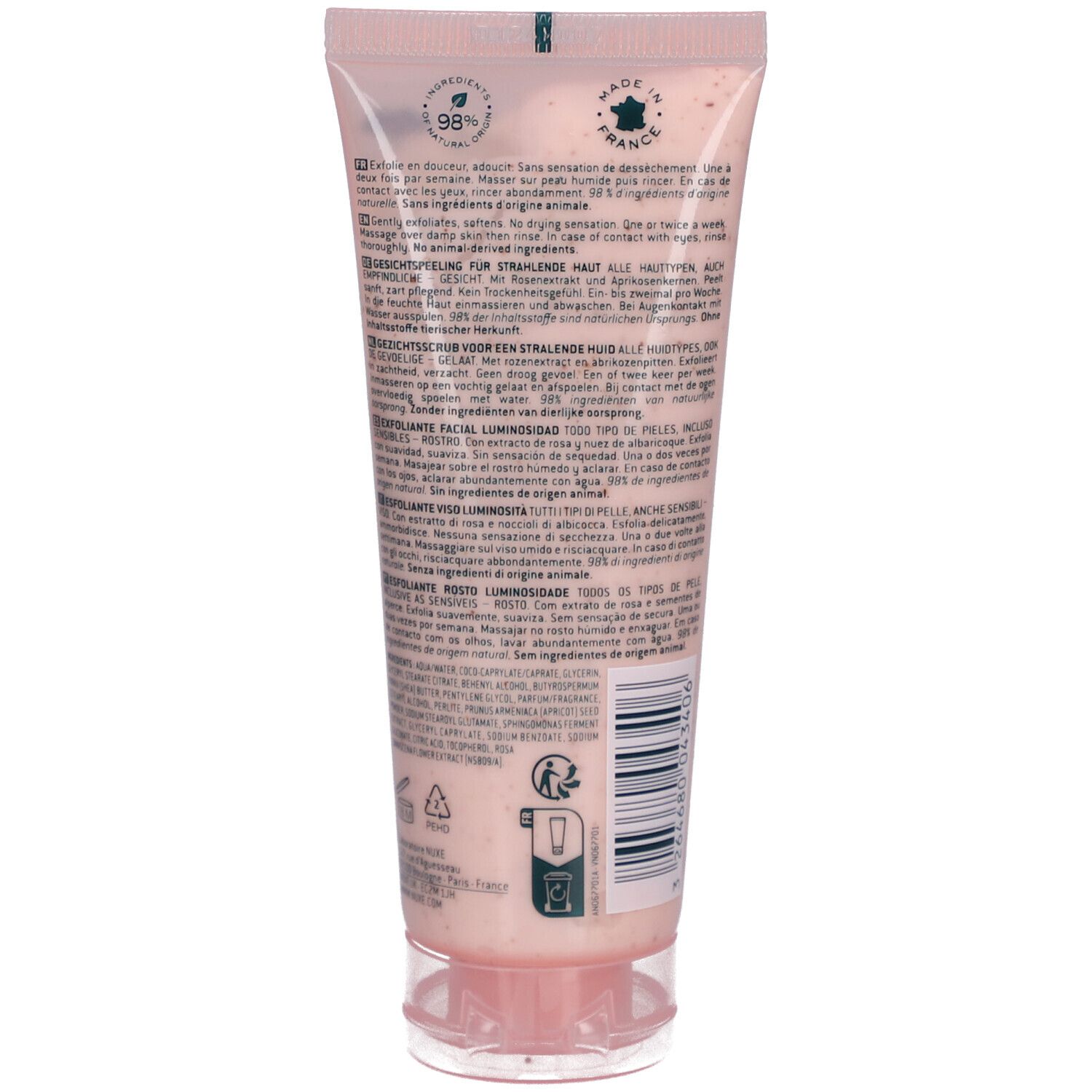 Dos d'un tube rose. Texte multilingue. Logo "Made in France". Ingrédients et informations.