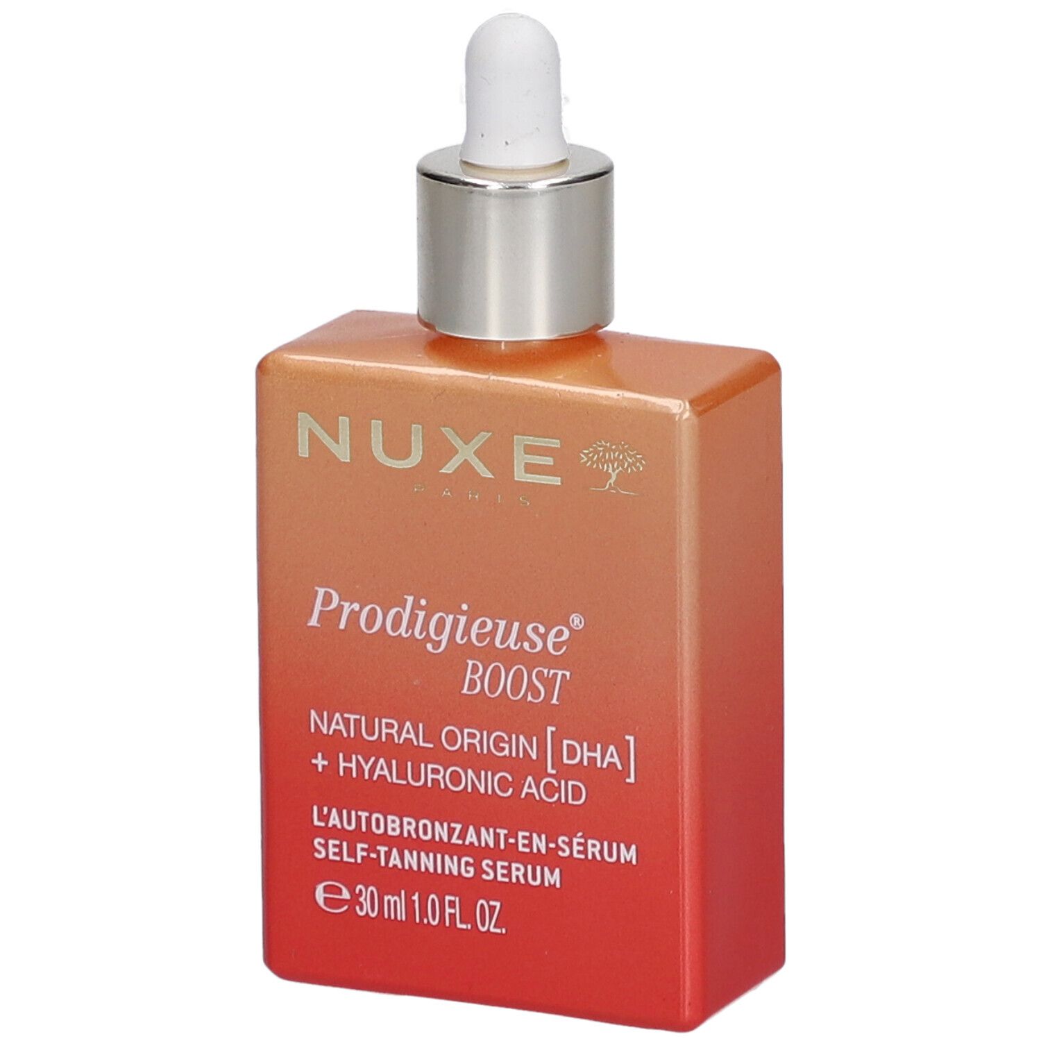 Sérum autobronzant Nuxe Prodigieuse Boost. Flacon avec pipette. Dégradé orange et rouge. Texte.
