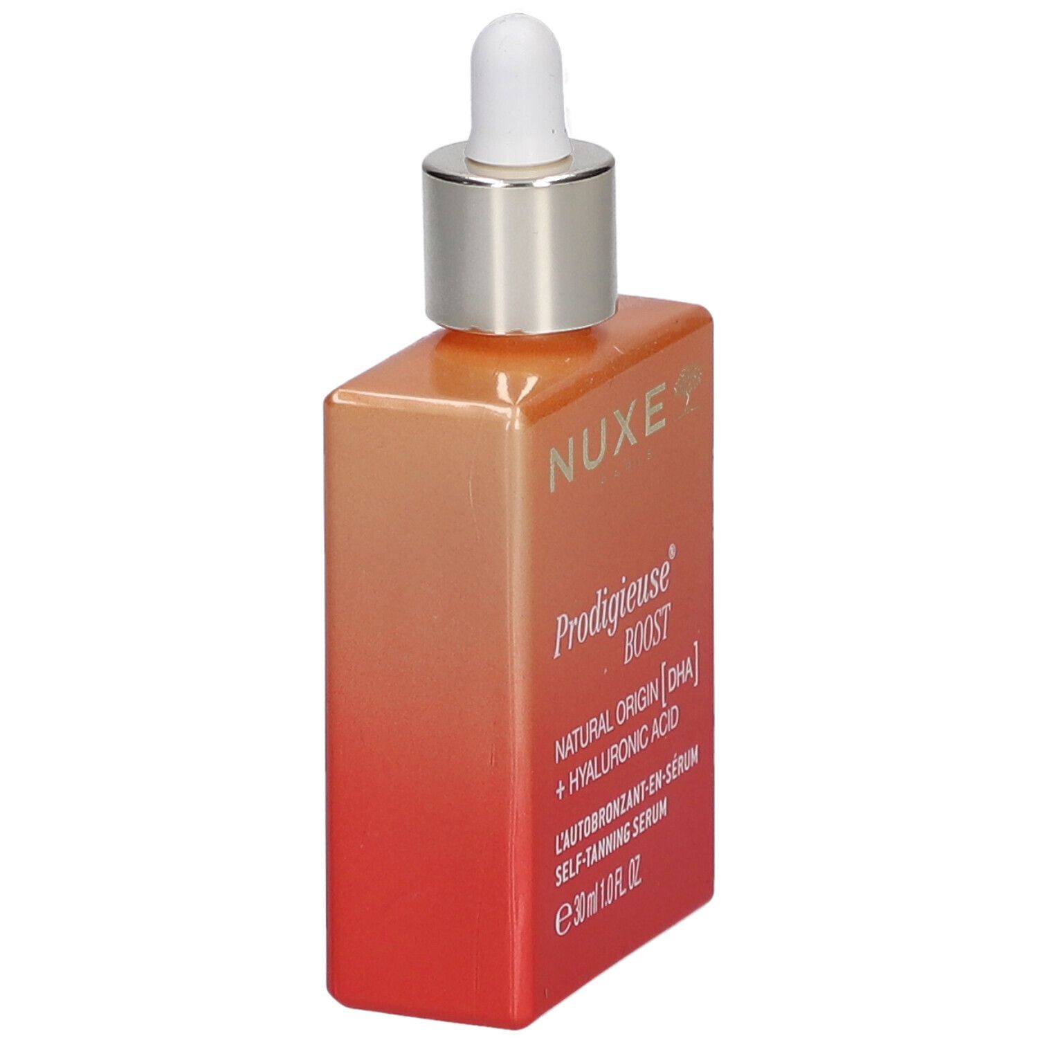 Sérum autobronzant Nuxe Prodigieuse Boost. Flacon avec pipette. Dégradé orange et rouge. Vue latérale.