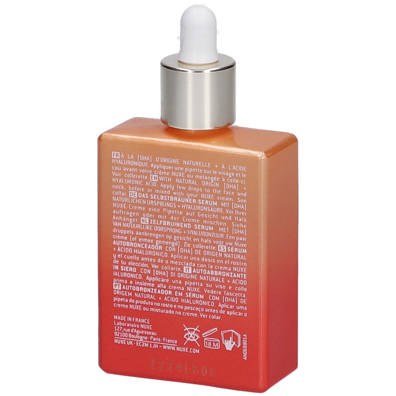 Sérum autobronzant Nuxe Prodigieuse Boost. Dos du flacon avec texte. Dégradé orange et rouge.