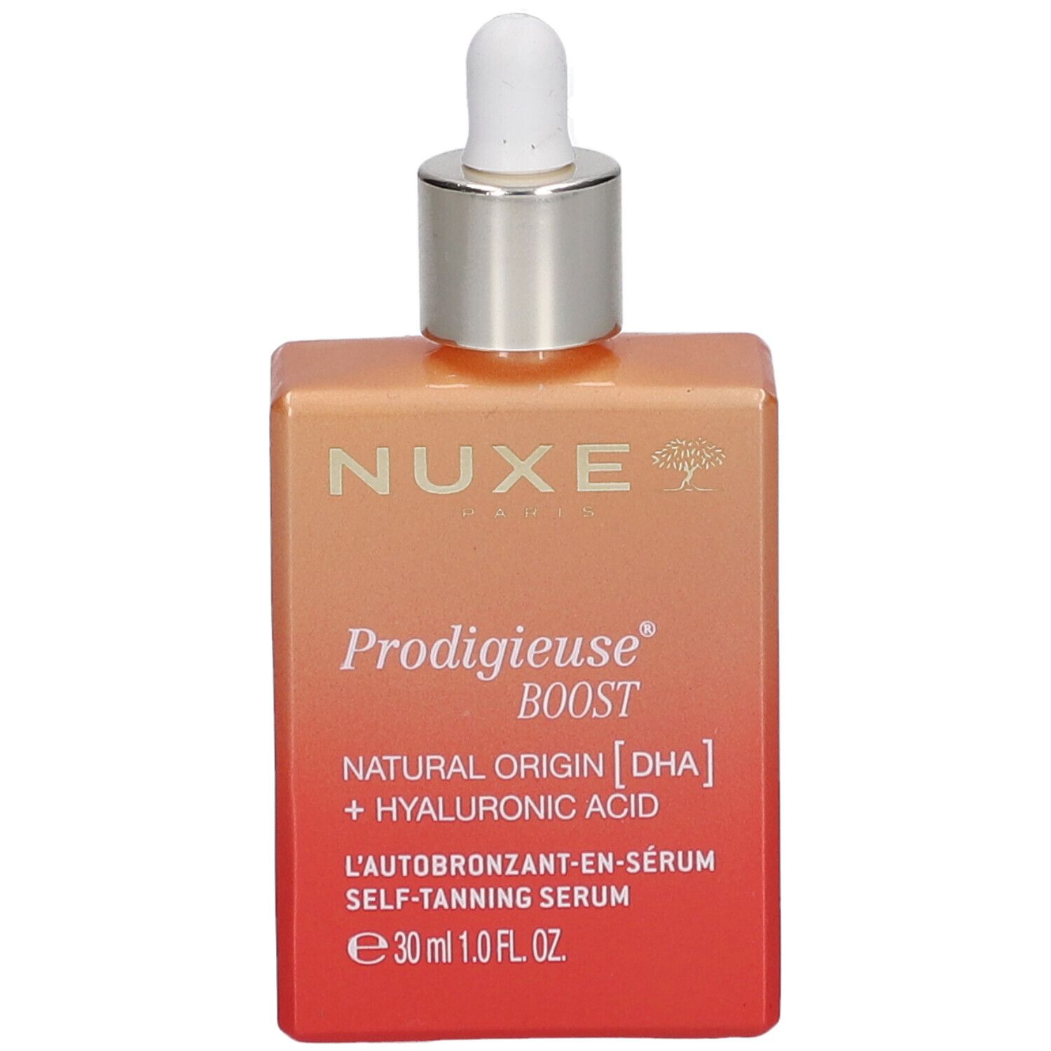 Sérum autobronzant Nuxe Prodigieuse Boost. Flacon avec pipette. Dégradé orange et rouge. Texte.