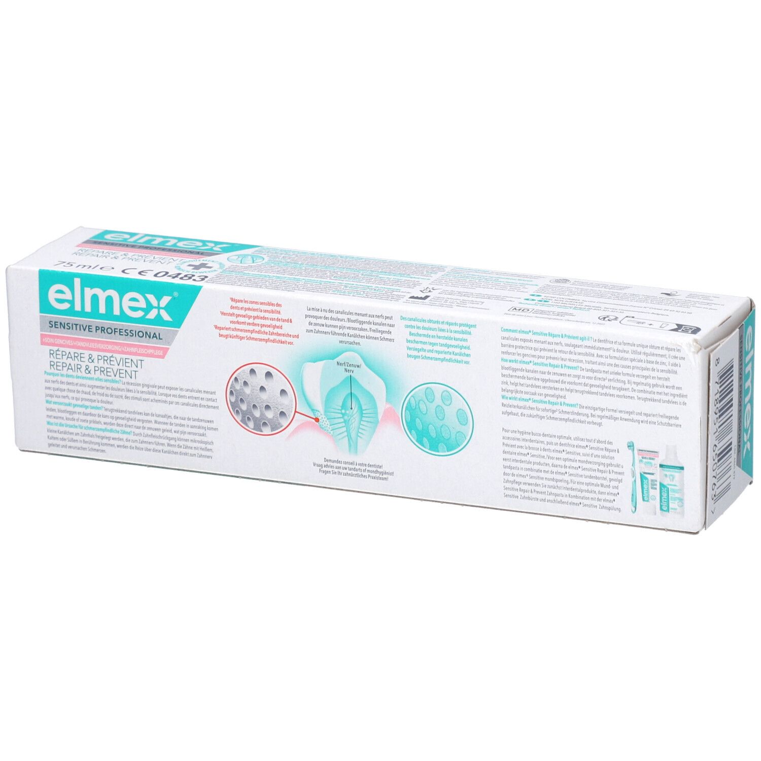 Rückseite der Zahncreme-Schachtel. Text und Illustrationen. Produktname und Logo. Informationen zur Anwendung.