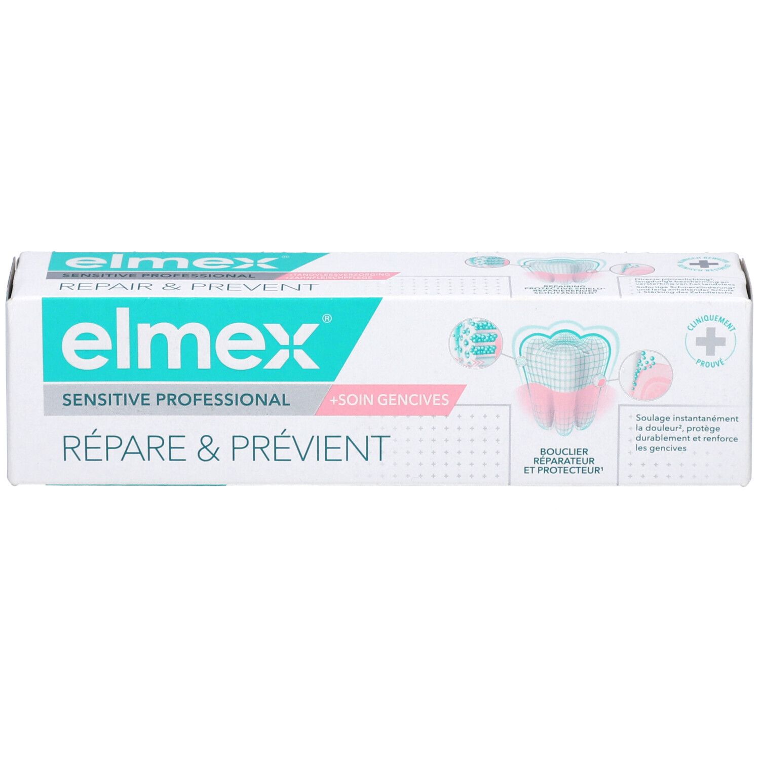 Zahncreme-Schachtel mit Produktnamen und Logo. Text: Répare & Prévient, Sensitive Professional. Abbildung eines Zahns.