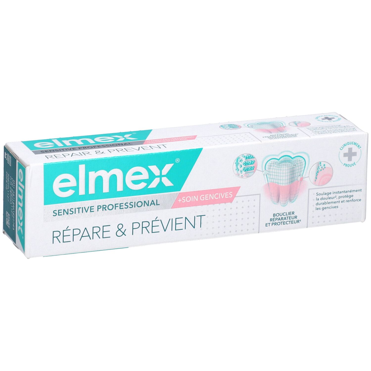 Zahncreme-Schachtel mit Produktnamen und Logo. Text: Répare & Prévient, Sensitive Professional. Abbildung eines Zahns.
