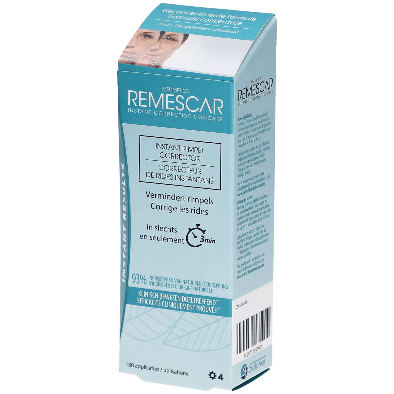 Boîte de Remescar Correcteur de Rides Instantané. Nom et logo visibles. Informations sur l'application et les résultats en 3 minutes.