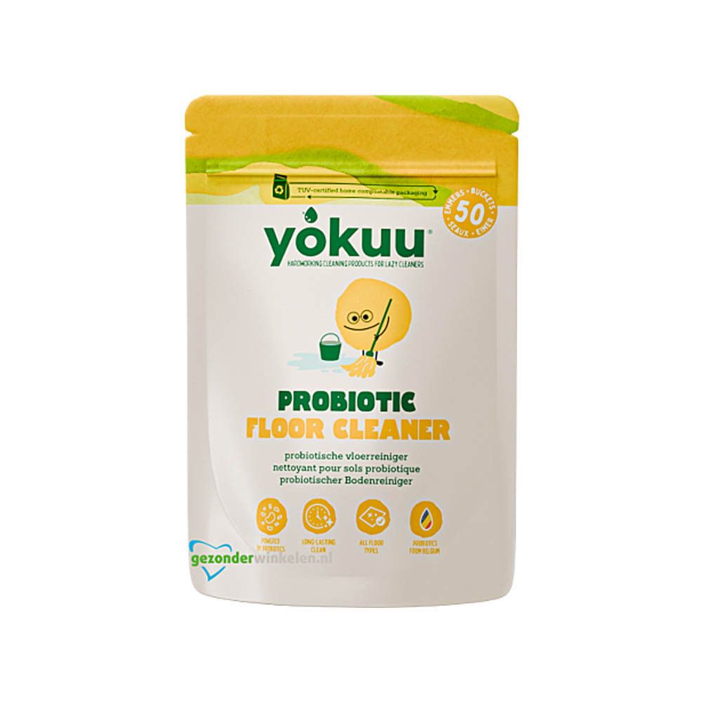 Sachet de nettoyant pour sols probiotique Yokuu. Emballage jaune et vert avec nom du produit et illustration. Contient 50 seaux.