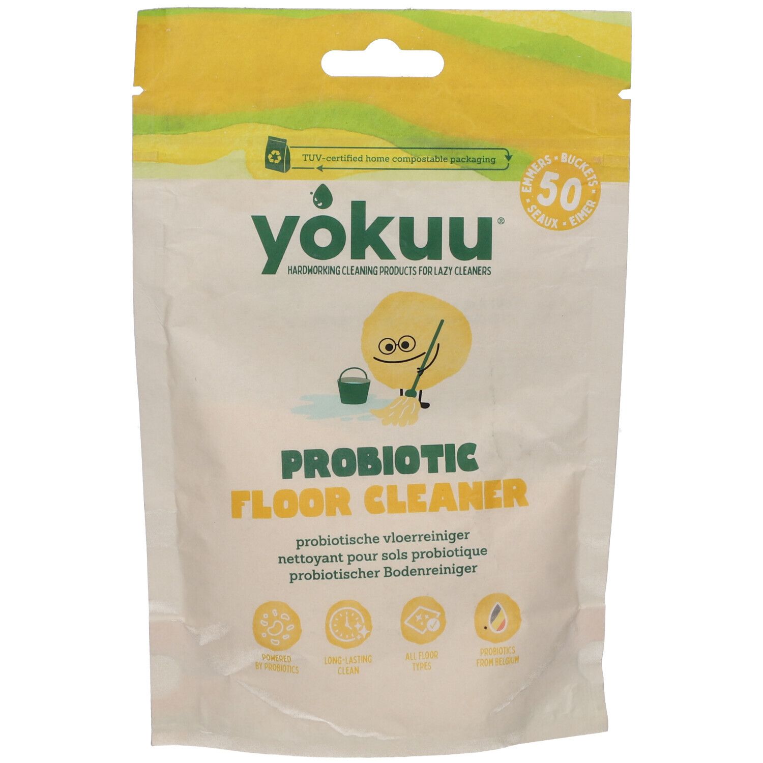 Beutel mit Yokuu Probiotischem Bodenreiniger. Gelb-grüne Verpackung mit Produktnamen und Illustration. Enthält 50 Eimer.