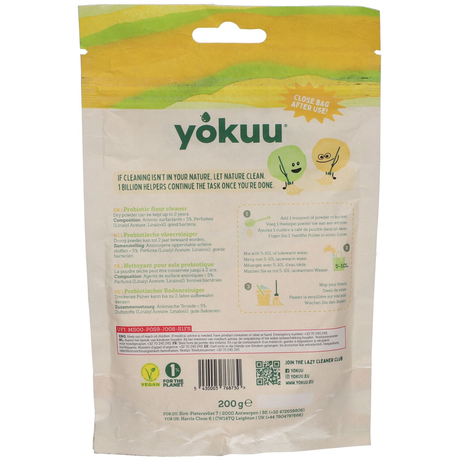Rückseite des Yokuu Probiotischen Bodenreiniger-Beutels. Enthält Produktinformationen, Anweisungen und Inhaltsstoffe. Vegan-Logo.