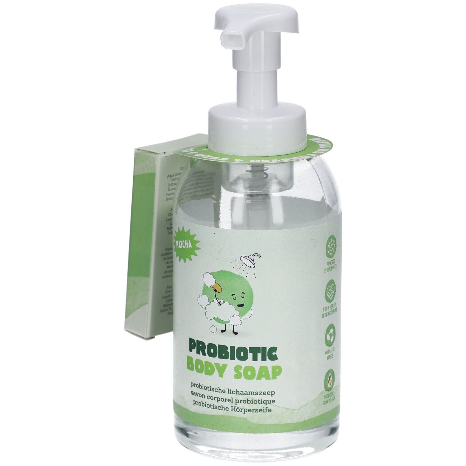 Probiotische Körperseife mit Matcha in transparenter Pumpspenderflasche.