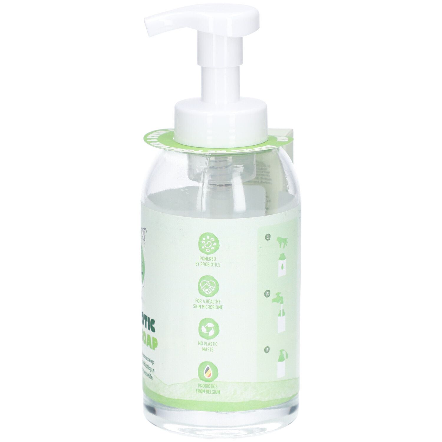 Klare Flasche mit weißem Pumpspender, gefüllt mit heller Flüssigseife. Grüne Etiketten mit Icons und Anweisungen.