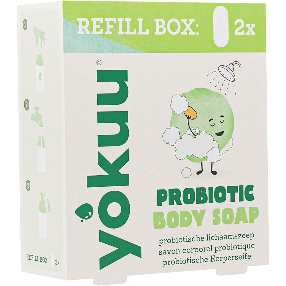 Refill-Box für yokkuu Probiotic Body Soap, 2 Stück. Enthält Anweisungen zur Verwendung.