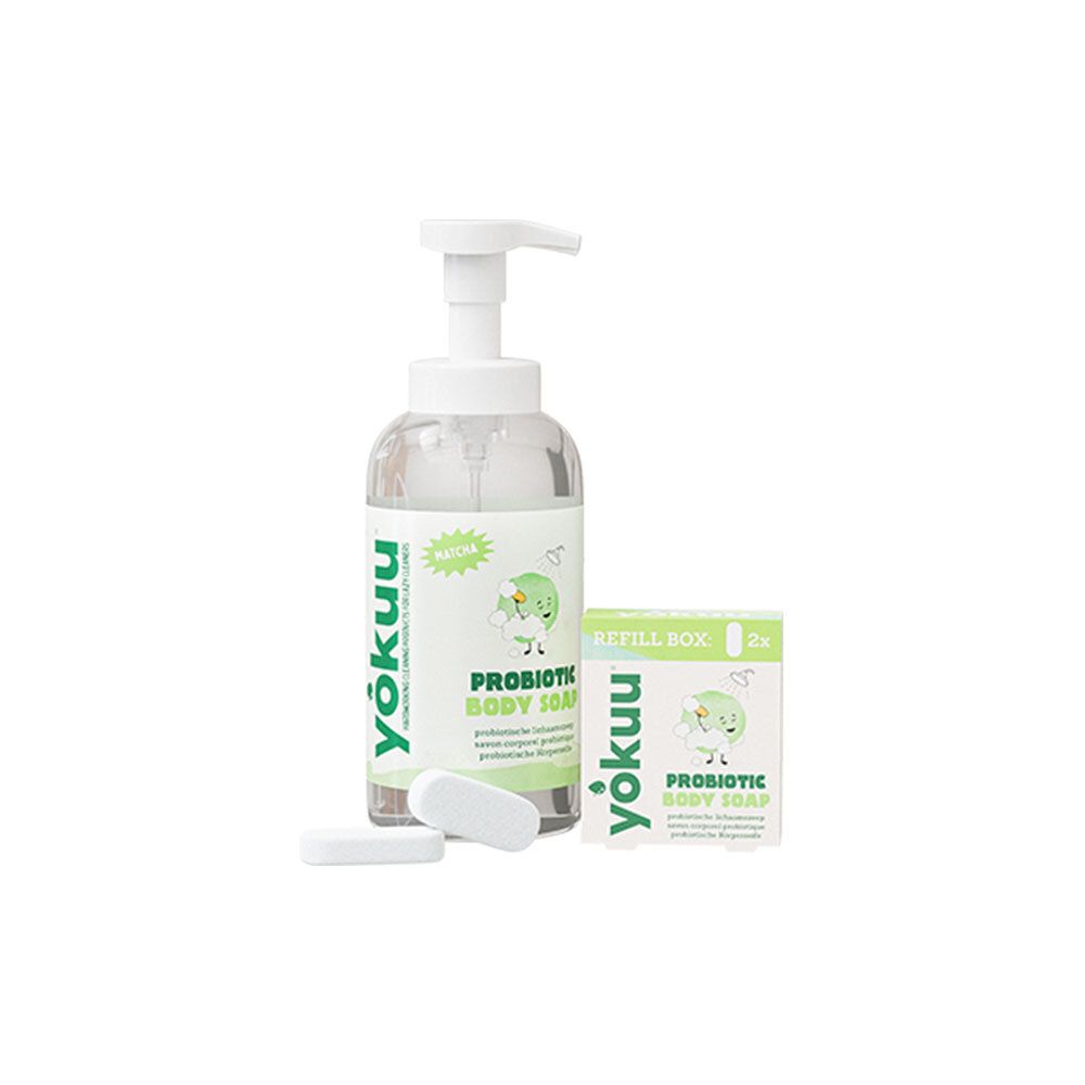 Transparante fles met pomp, doos en twee tabletten. Opschrift: Yokuu Probiotic Body Soap.