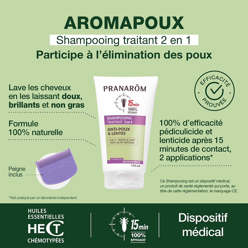 Tube und Kamm. Pranarôm Shampooing Traitant 2 en 1 Anti-Poux & Lentes. 15 min. 100% wirksam. Peigne inclus.