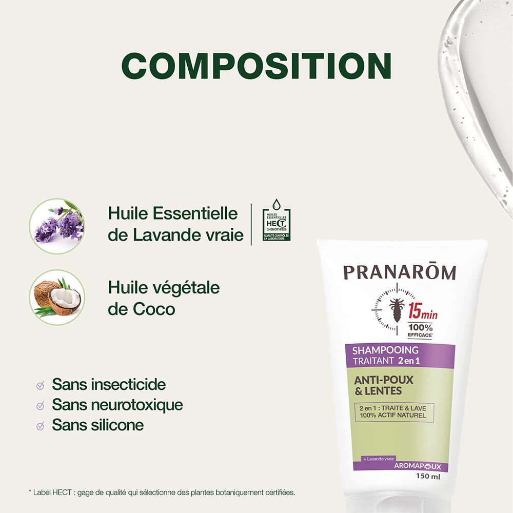 Zutaten: Lavendelöl und Kokosnussöl. Pranarôm Shampooing Traitant 2 en 1 Anti-Poux & Lentes. Ohne Insektizide, Silikon.