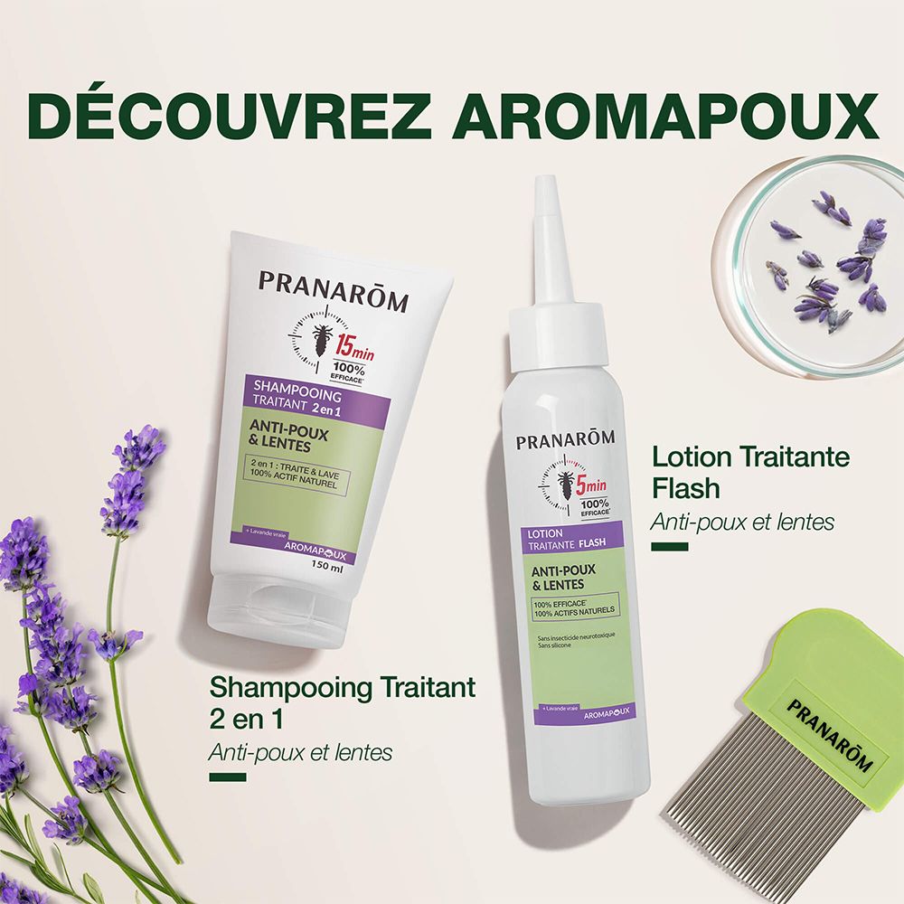 Pranarôm Shampooing Traitant 2 en 1 Anti-Poux & Lentes. Lotion Traitante Flash. Mit Lavendel. Kamm.