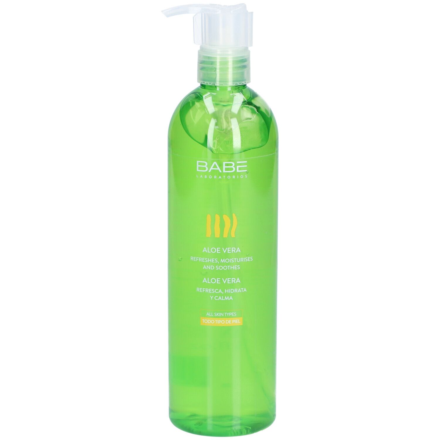 Flacon vert avec pompe. Inscription: BABÉ, Aloe Vera. Hydrate et apaise. Pour tous types de peau.