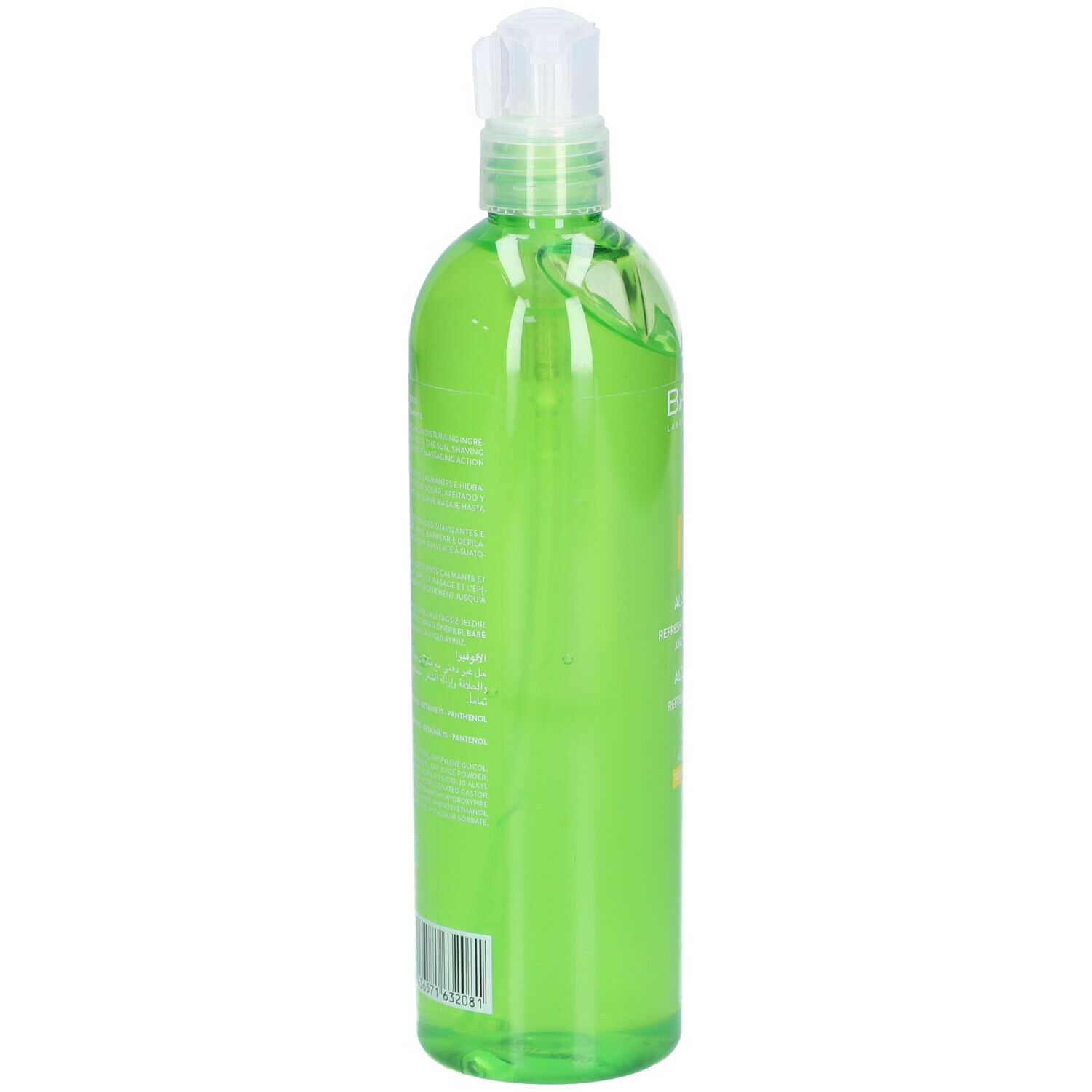 Flacon vert avec pompe. Inscription: BABÉ, Aloe Vera. Hydrate et apaise. Pour tous types de peau.