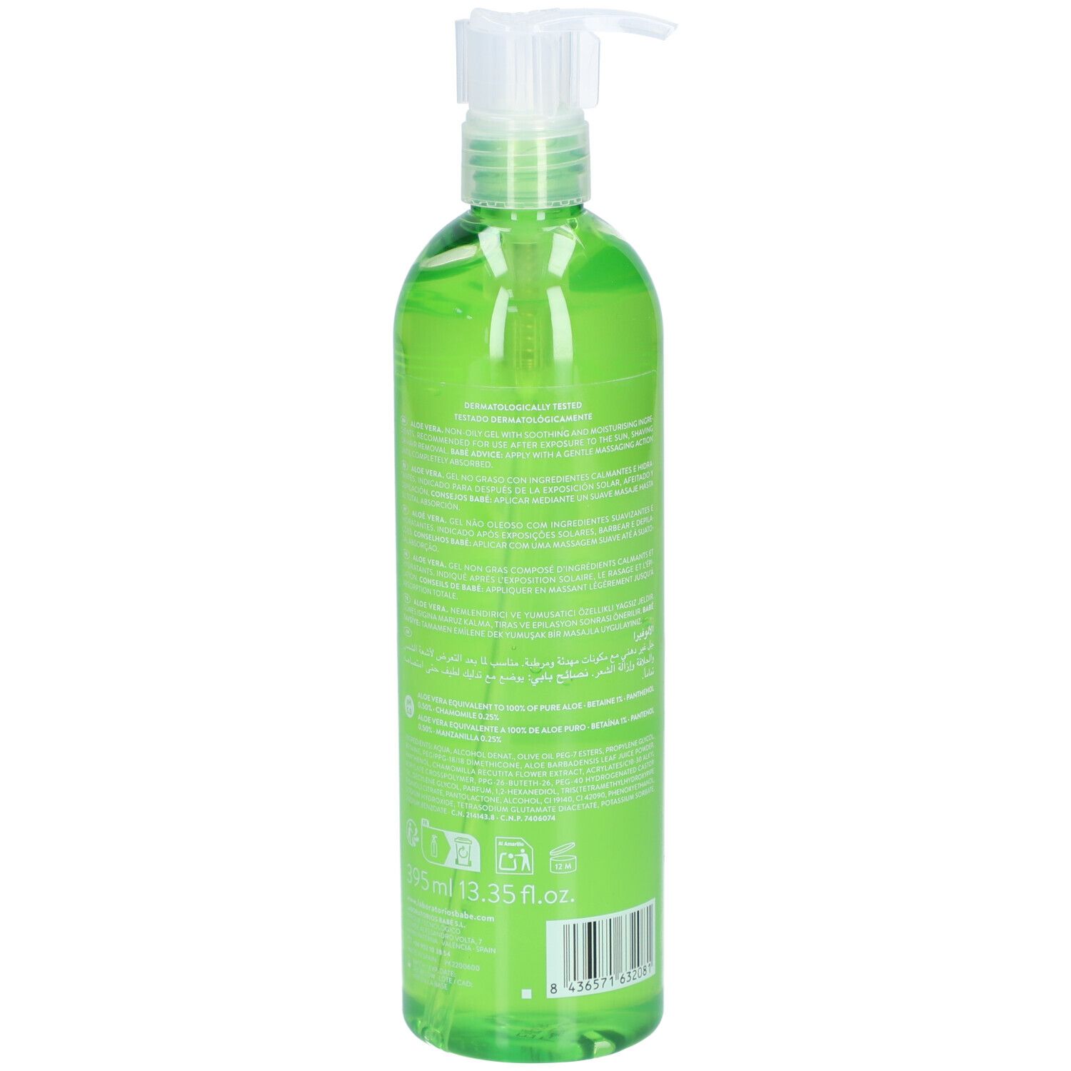 Flacon vert avec pompe. Inscription: BABÉ, Aloe Vera. Hydrate et apaise. Pour tous types de peau.