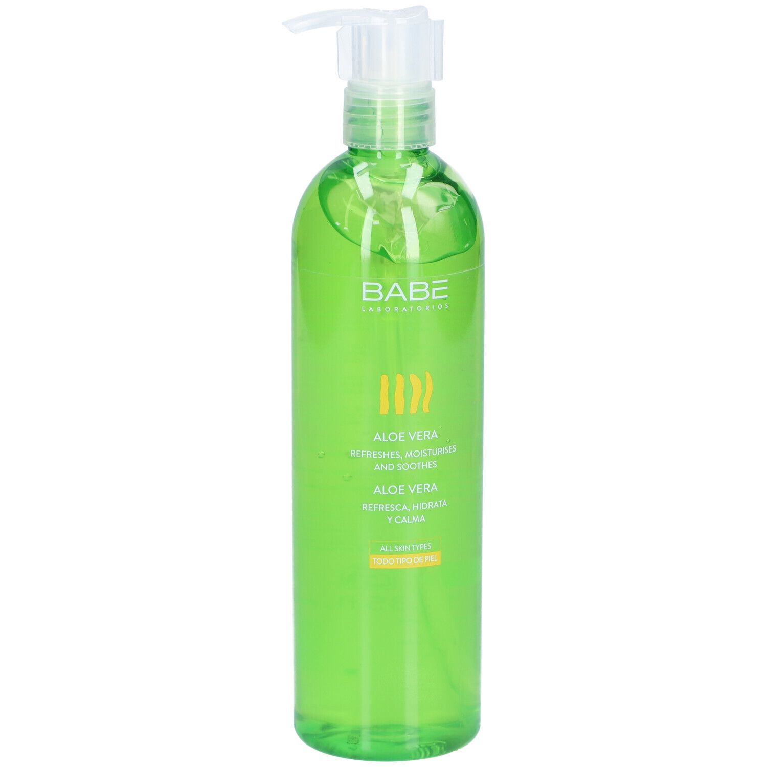 Flacon vert avec pompe. Inscription: BABÉ, Aloe Vera. Hydrate et apaise. Pour tous types de peau.