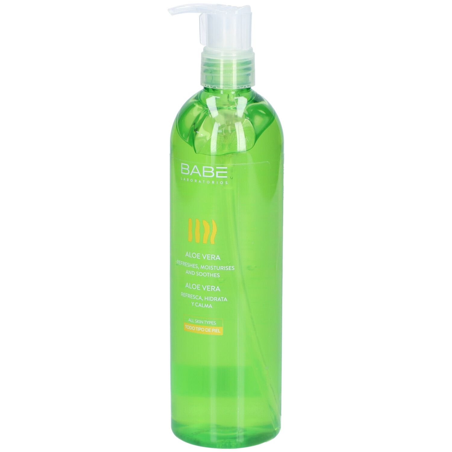 Flacon vert avec pompe. Inscription: BABÉ, Aloe Vera. Hydrate et apaise. Pour tous types de peau.