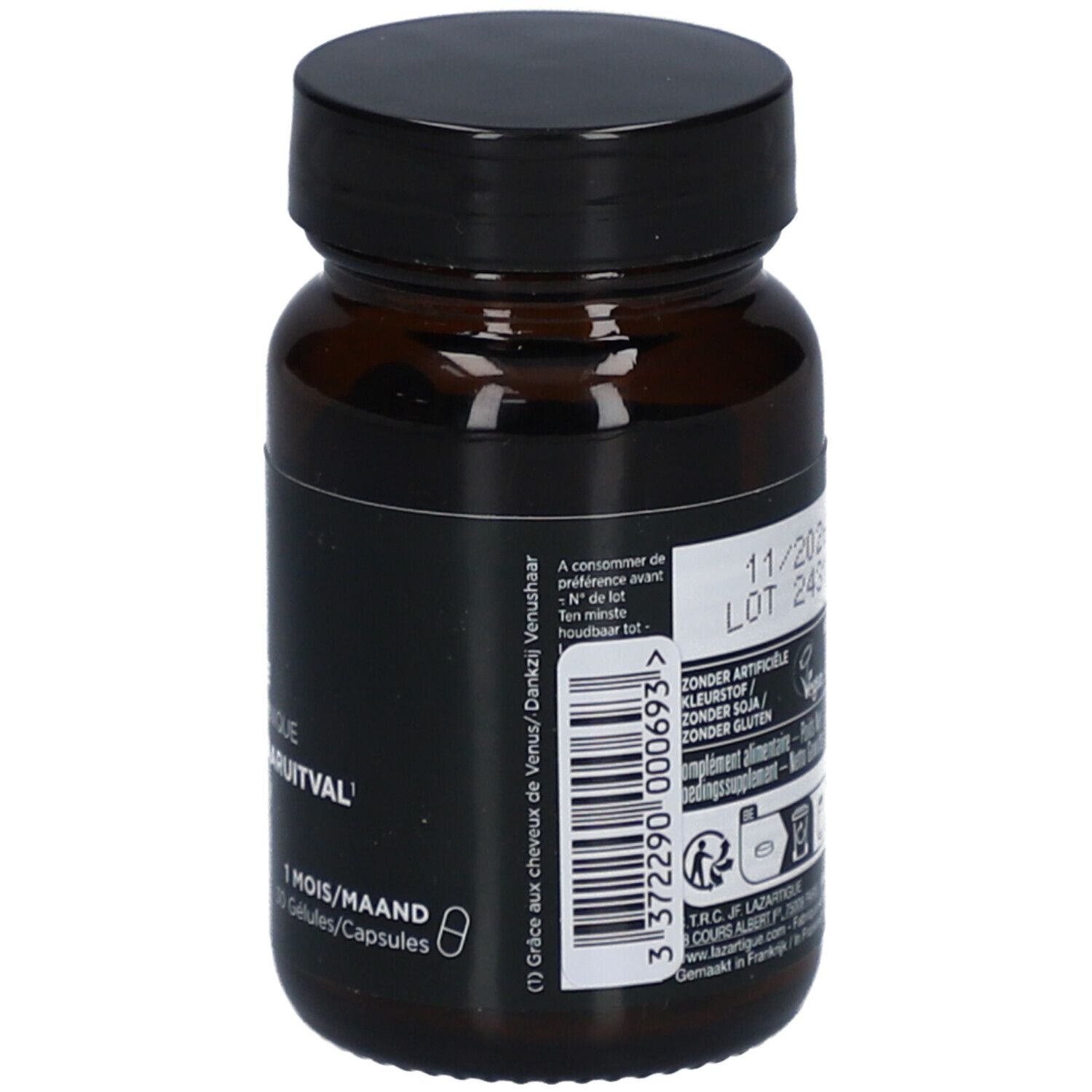 Braune Glasflasche mit schwarzem Deckel. Etikett mit Text und Barcode. Enthält 30 Kapseln.