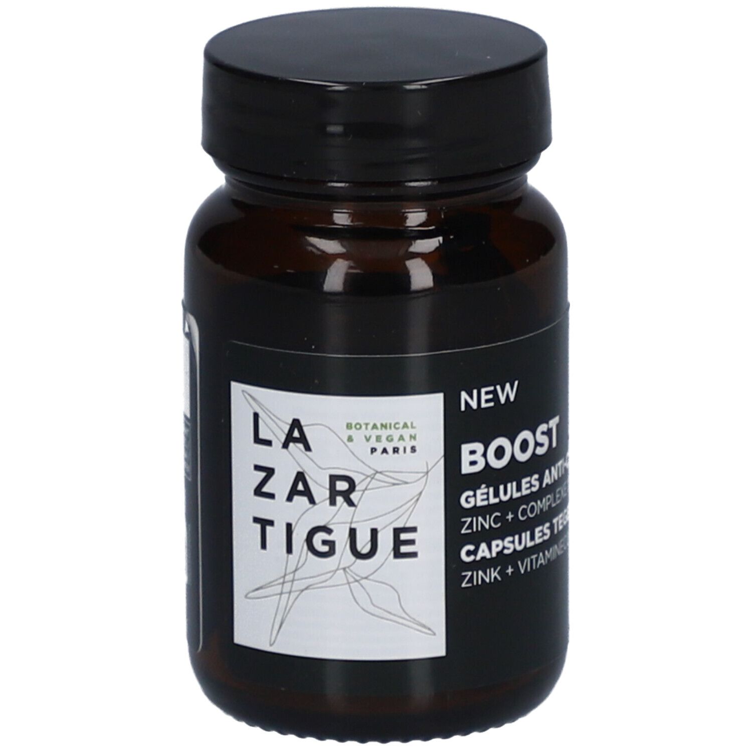 Braune Glasflasche mit schwarzem Deckel. Etikett mit "LAZARTIGUE" und "BOOST"-Formulierung.