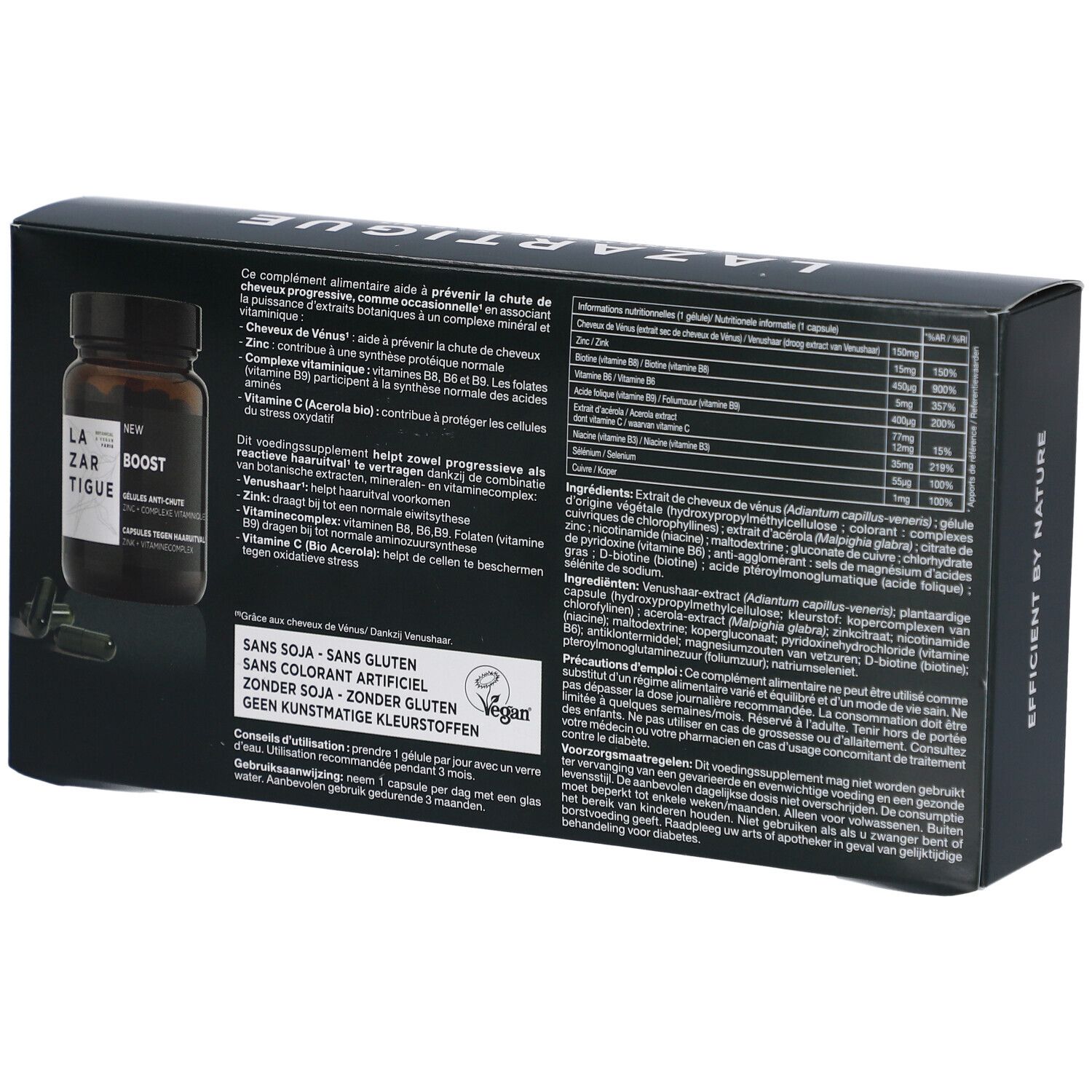 Rückseite der Verpackung mit Produktinformationen. Aufschrift: Lazartigue Boost. Vegan-Logo.