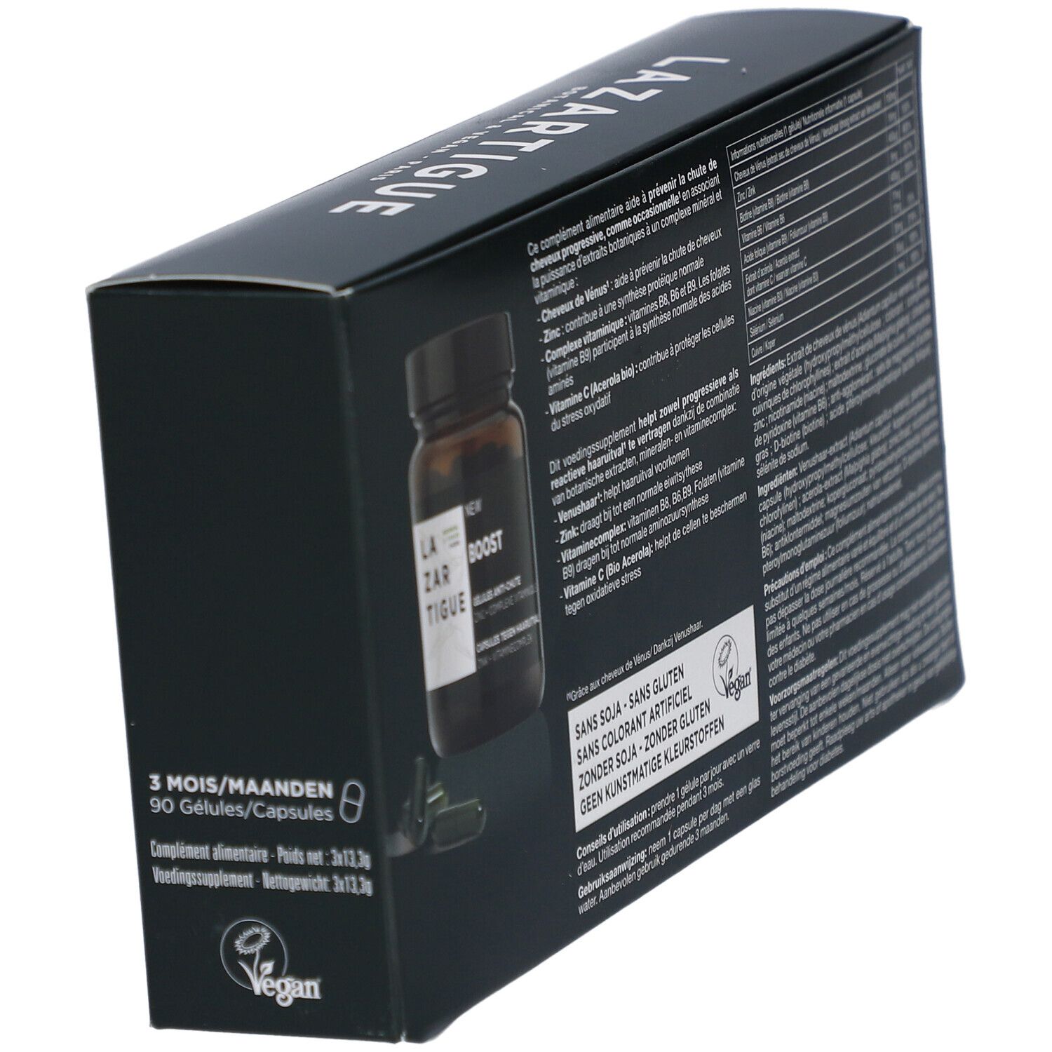 Schwarze Verpackung, schräg. Aufschrift: Lazartigue Boost. 90 Kapseln. Vegan-Logo.