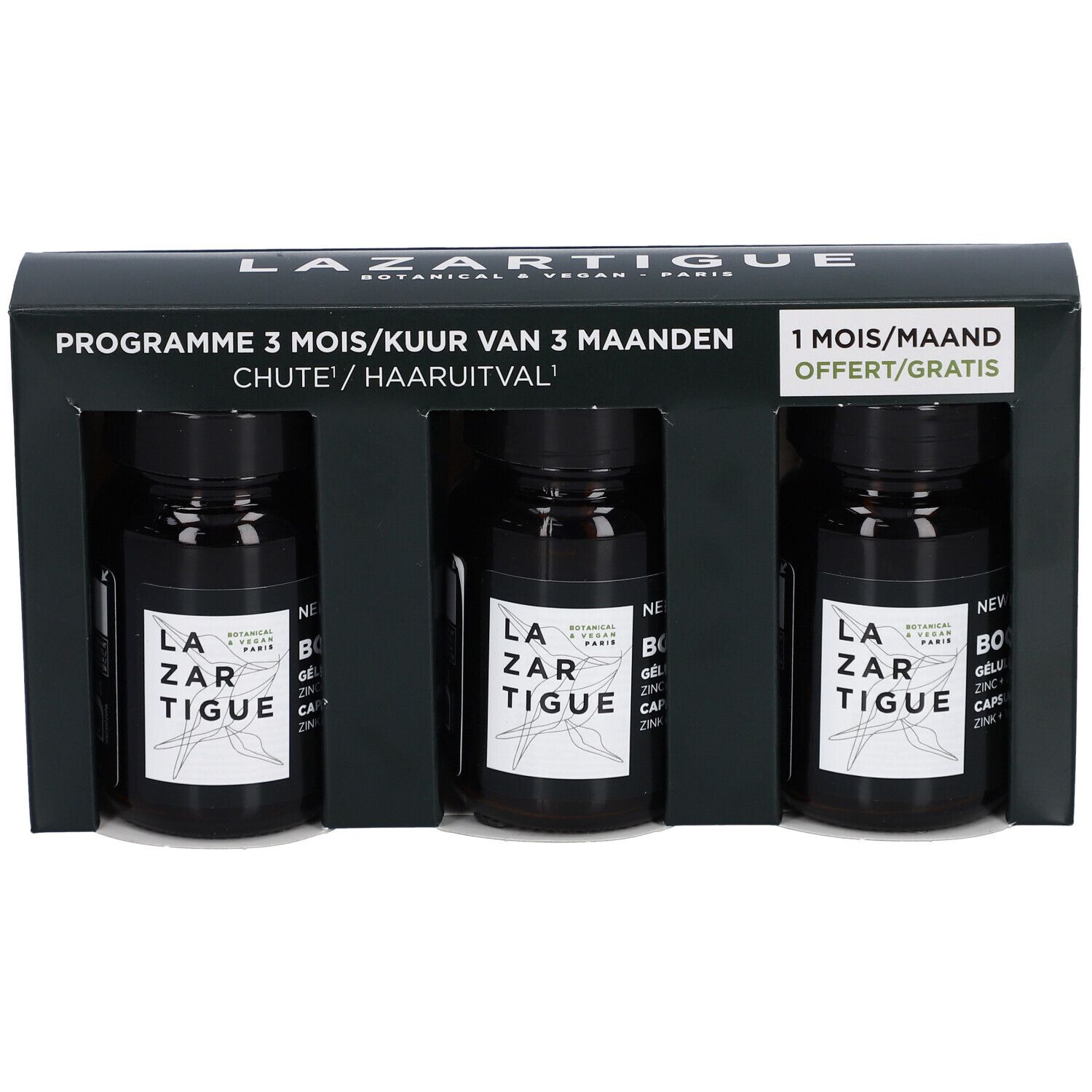 Dunkelgraue Verpackung mit drei Flaschen. Aufschrift: Lazartigue, 3-Monats-Programm. 1 Monat gratis.
