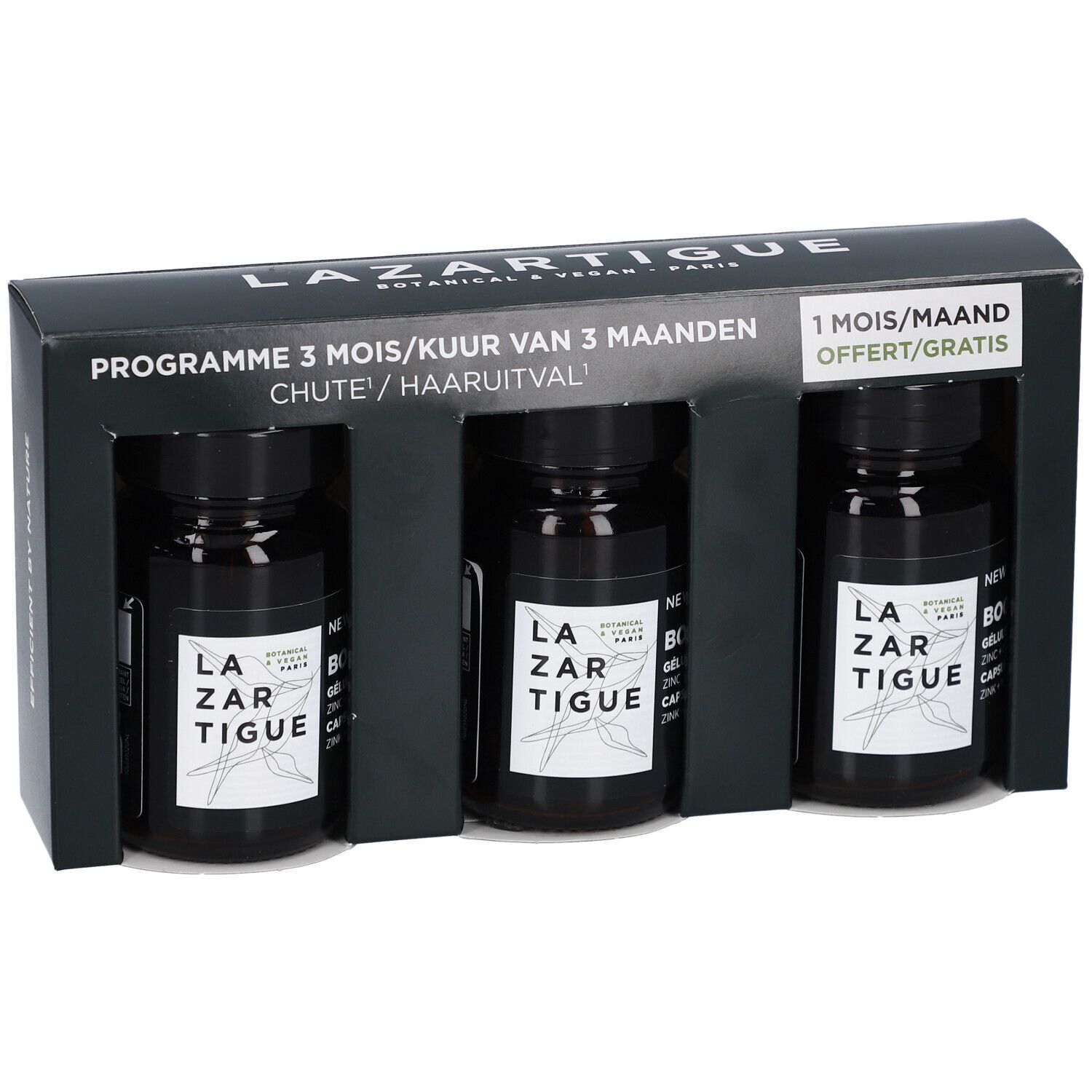 Dunkelgraue Verpackung mit drei Flaschen. Aufschrift: Lazartigue, 3-Monats-Programm. 1 Monat gratis.